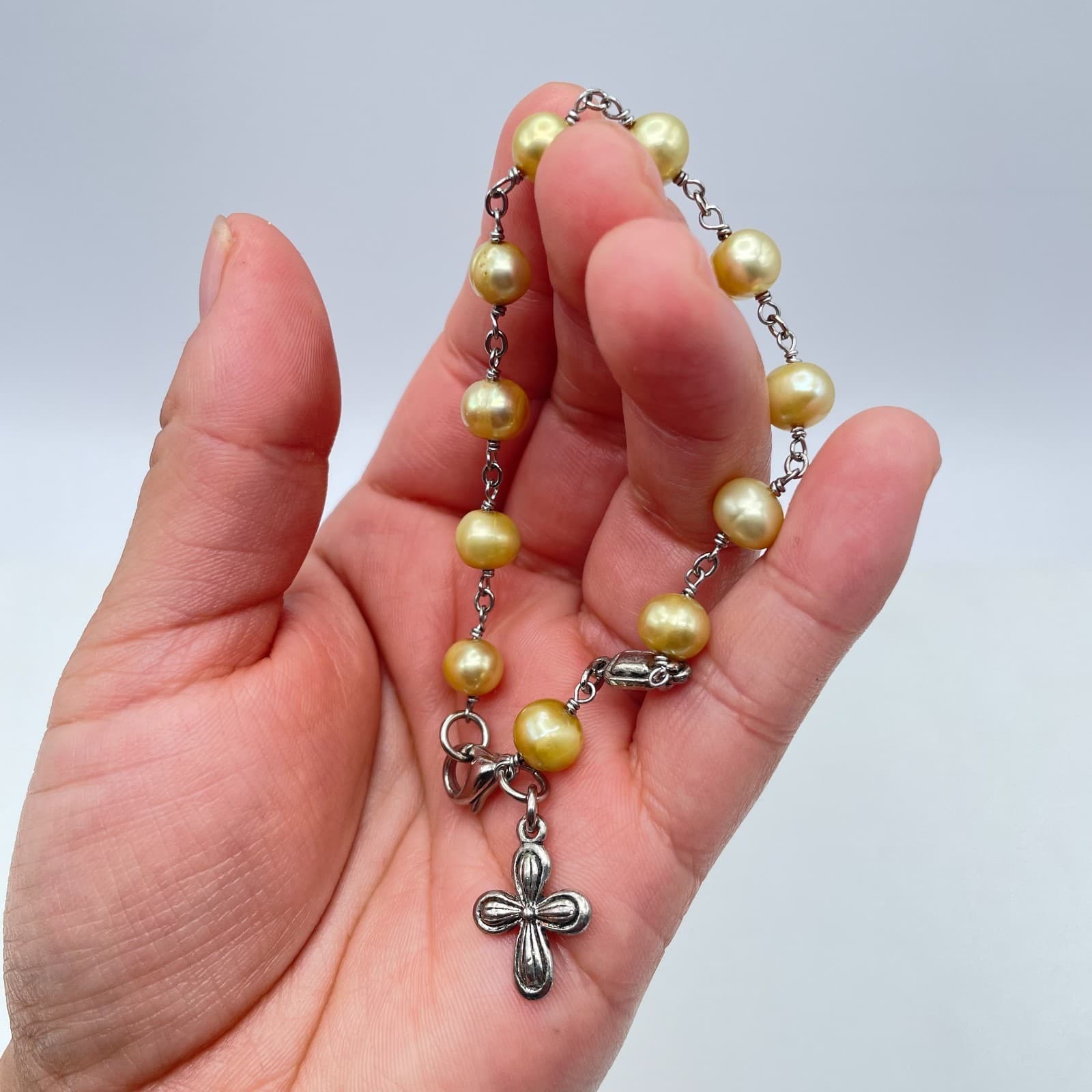 Religious Silver-Tone Gold Freshwater Pearl Rosary Cross Charm Lobster Bracelet - Thumbnail 6