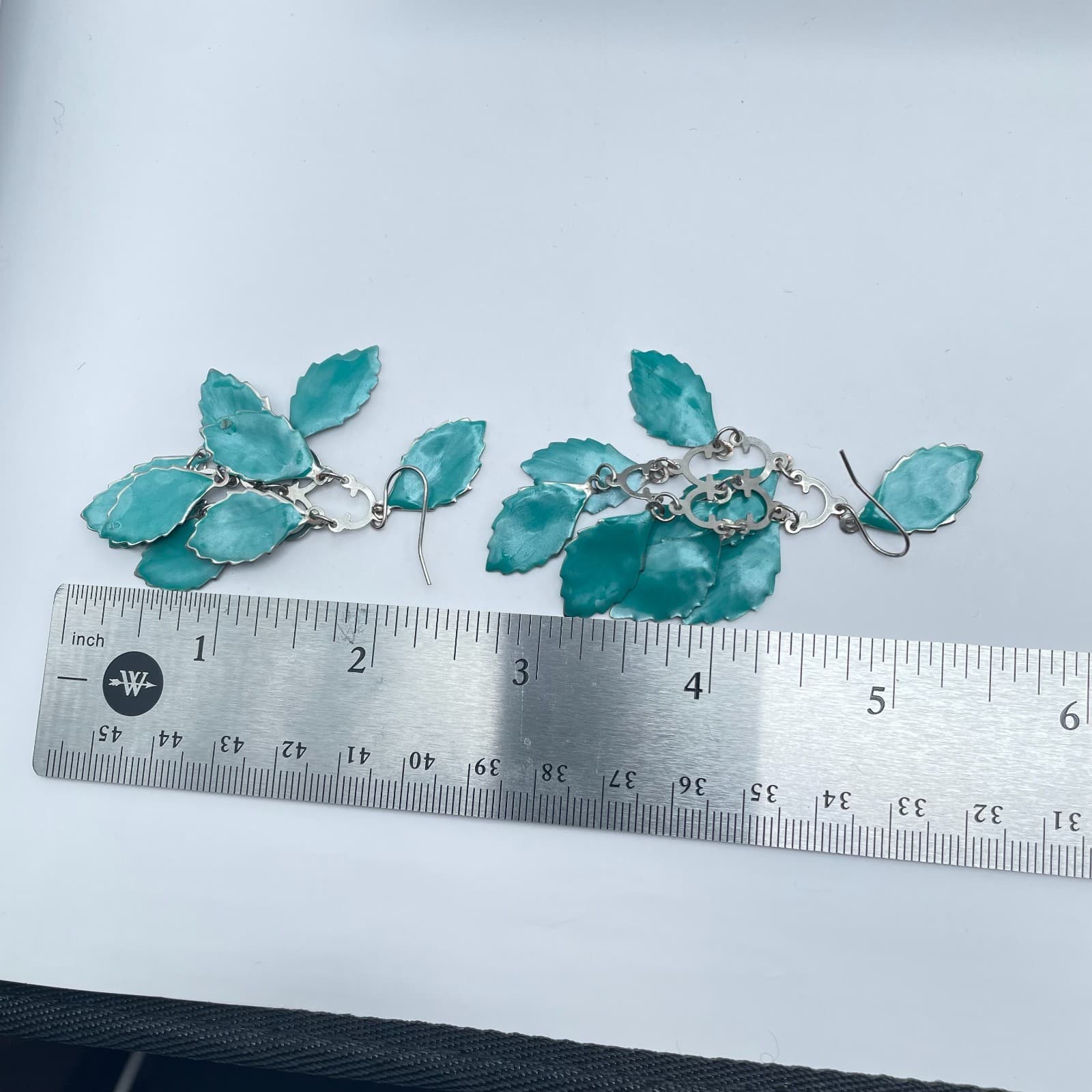 Boho Silver-Tone Turquoise-Colored Metal Multi Leaf Dangle French Hook Earrings - Thumbnail 3