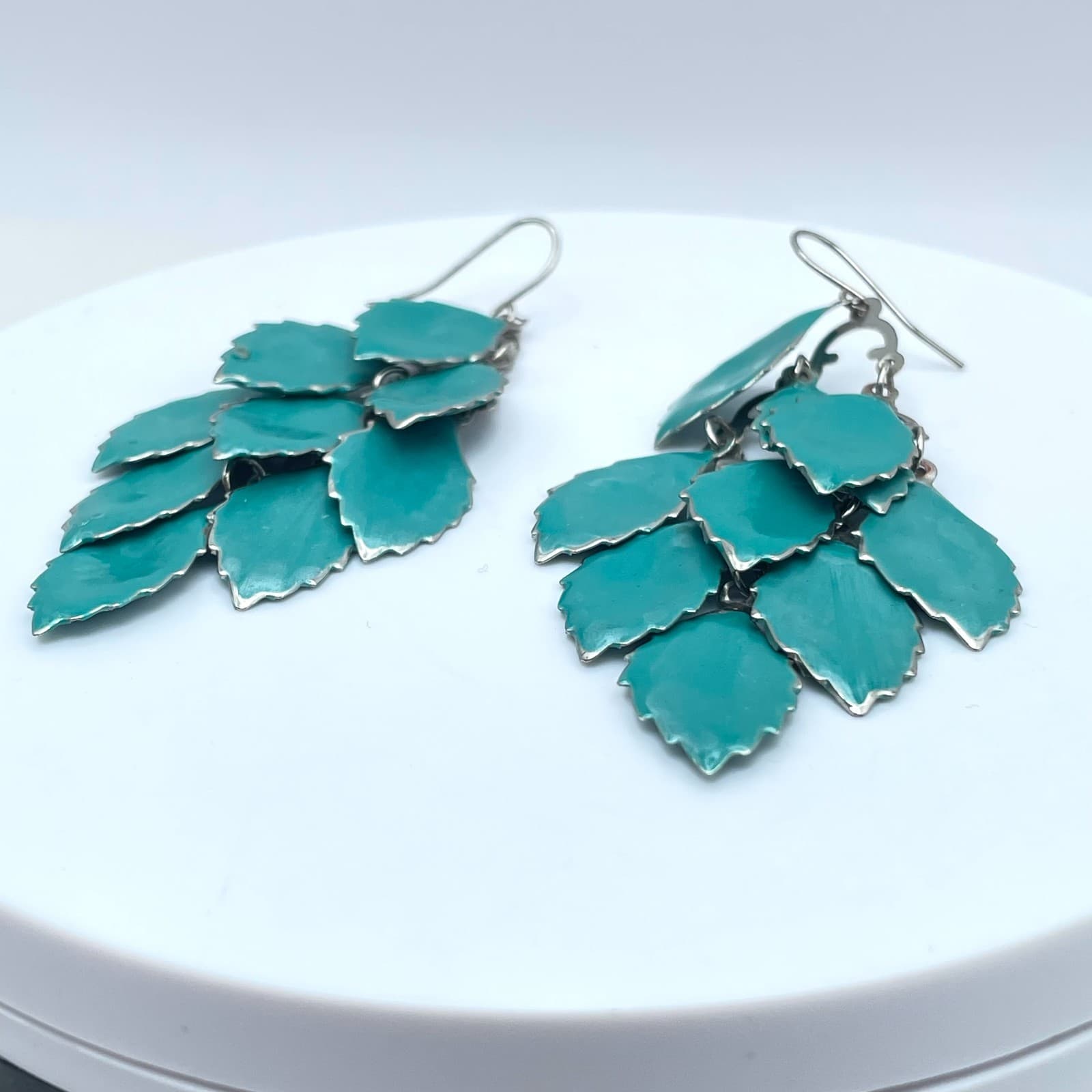 Boho Silver-Tone Turquoise-Colored Metal Multi Leaf Dangle French Hook Earrings - Thumbnail 4