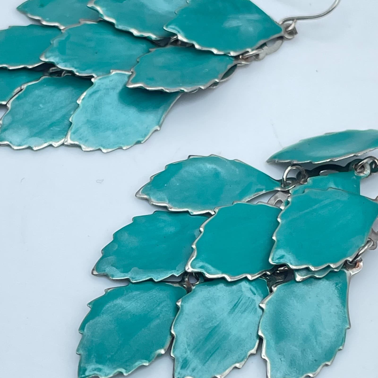 Boho Silver-Tone Turquoise-Colored Metal Multi Leaf Dangle French Hook Earrings - Thumbnail 7