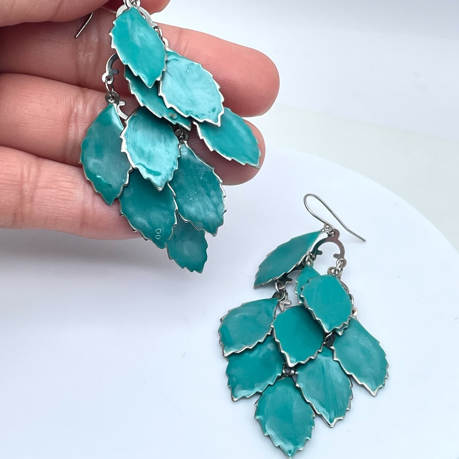 Boho Silver-Tone Turquoise-Colored Metal Multi Leaf Dangle French Hook Earrings - Thumbnail 8