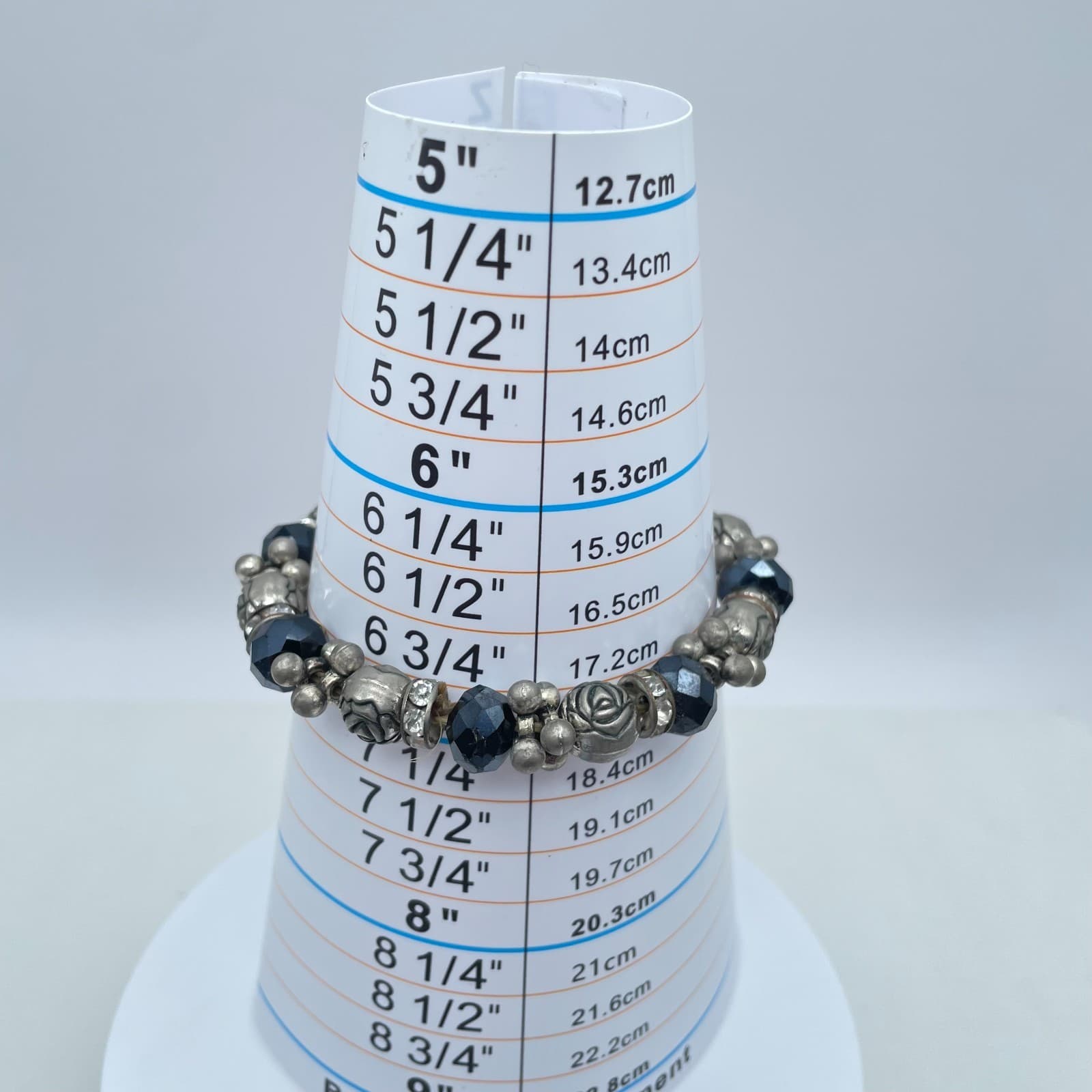 Bohemian Silver-Tone Black Faceted Glass Rose-Shaped Metal Bead Stretch Bracelet - Thumbnail 2