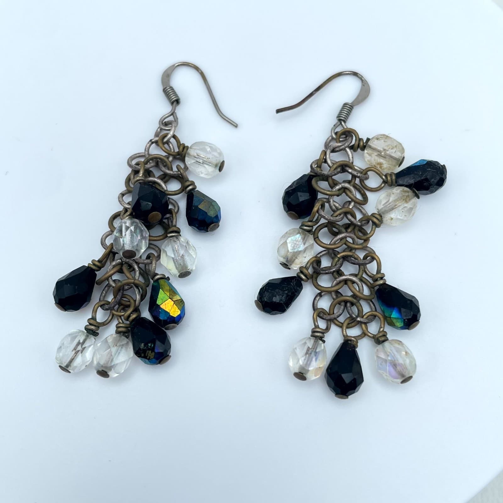 Gothic Bronze-Tone Clear Faceted Crystal Beads Artisan Dangle Chain Earrings - Image 1