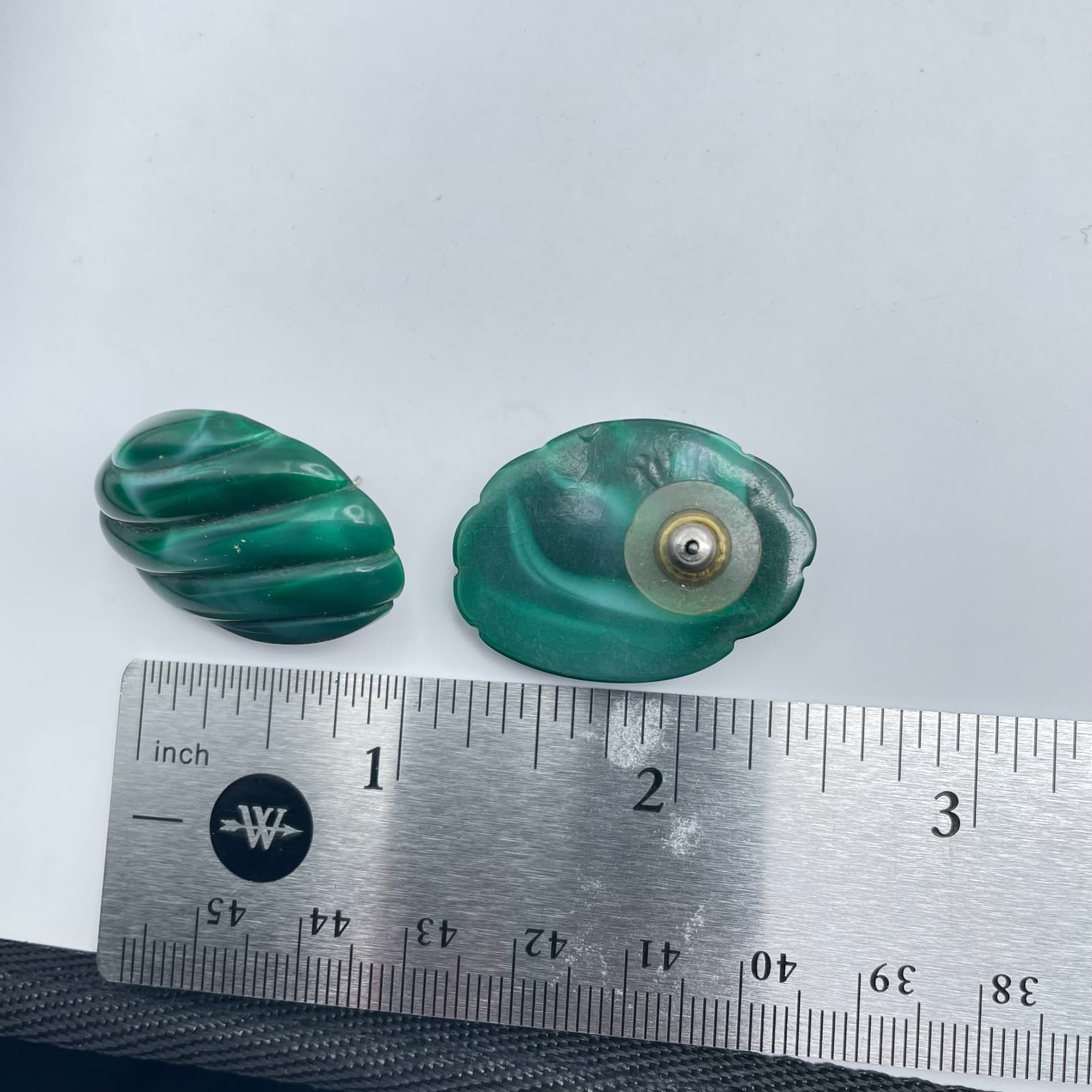 Lot of 3 VTG Silver-Tone Malachite-Style Green Burgundy Button Stud Earrings - Thumbnail 2