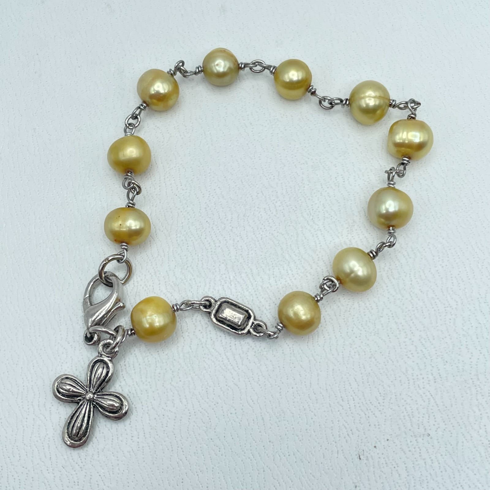 Religious Silver-Tone Gold Freshwater Pearl Rosary Cross Charm Lobster Bracelet - Image 1
