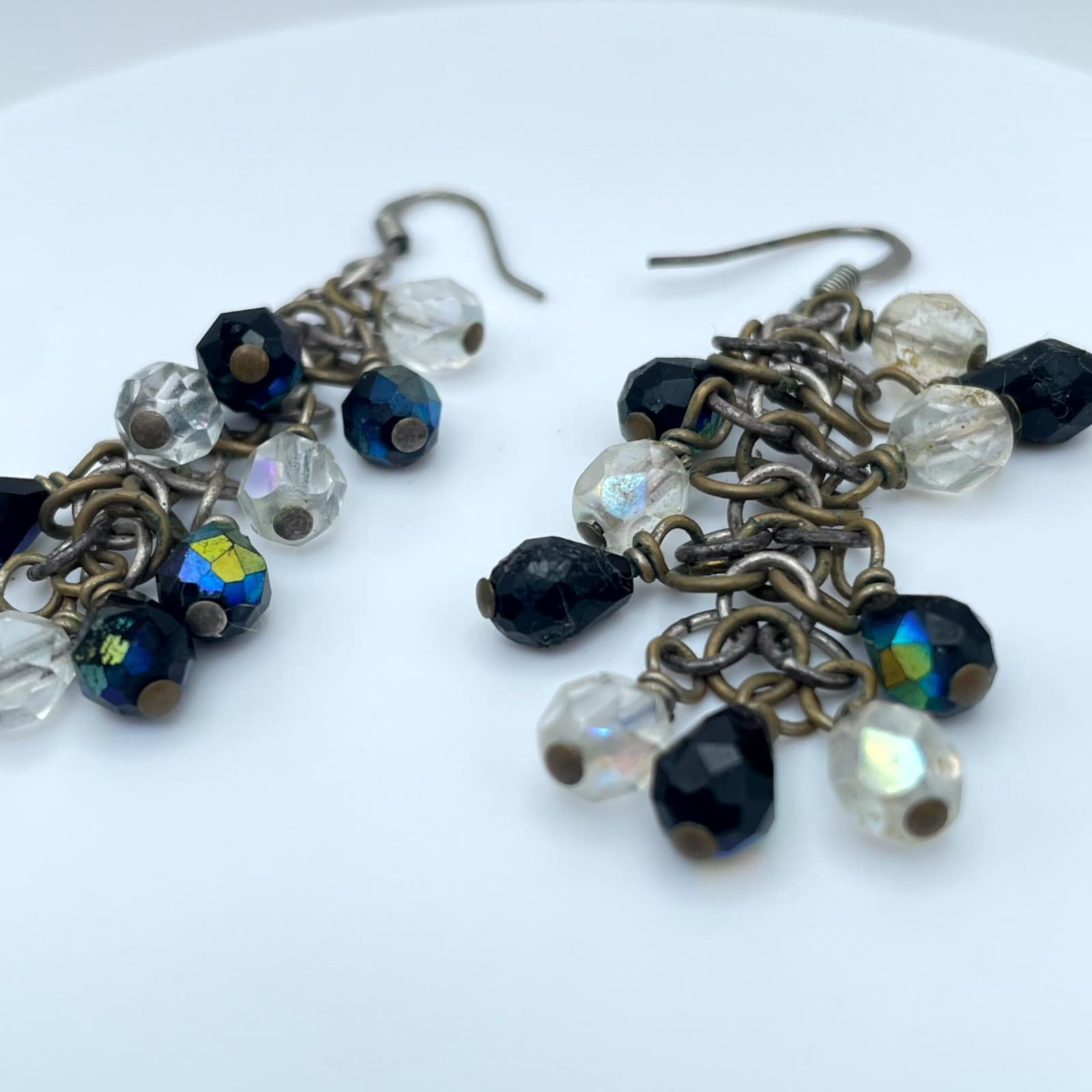 Gothic Bronze-Tone Clear Faceted Crystal Beads Artisan Dangle Chain Earrings - Thumbnail 3