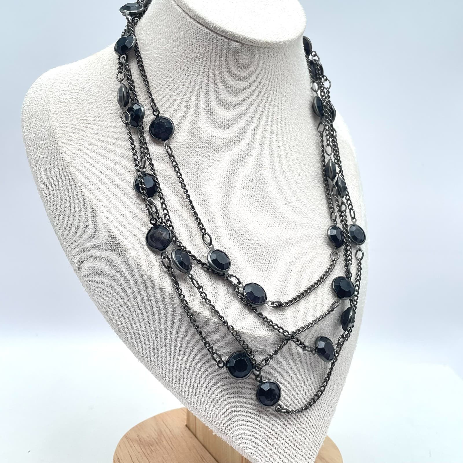 Classic Silver-Tone Black Bezel Faceted Glass Beads Triple Strand Chain Necklace - Thumbnail 5