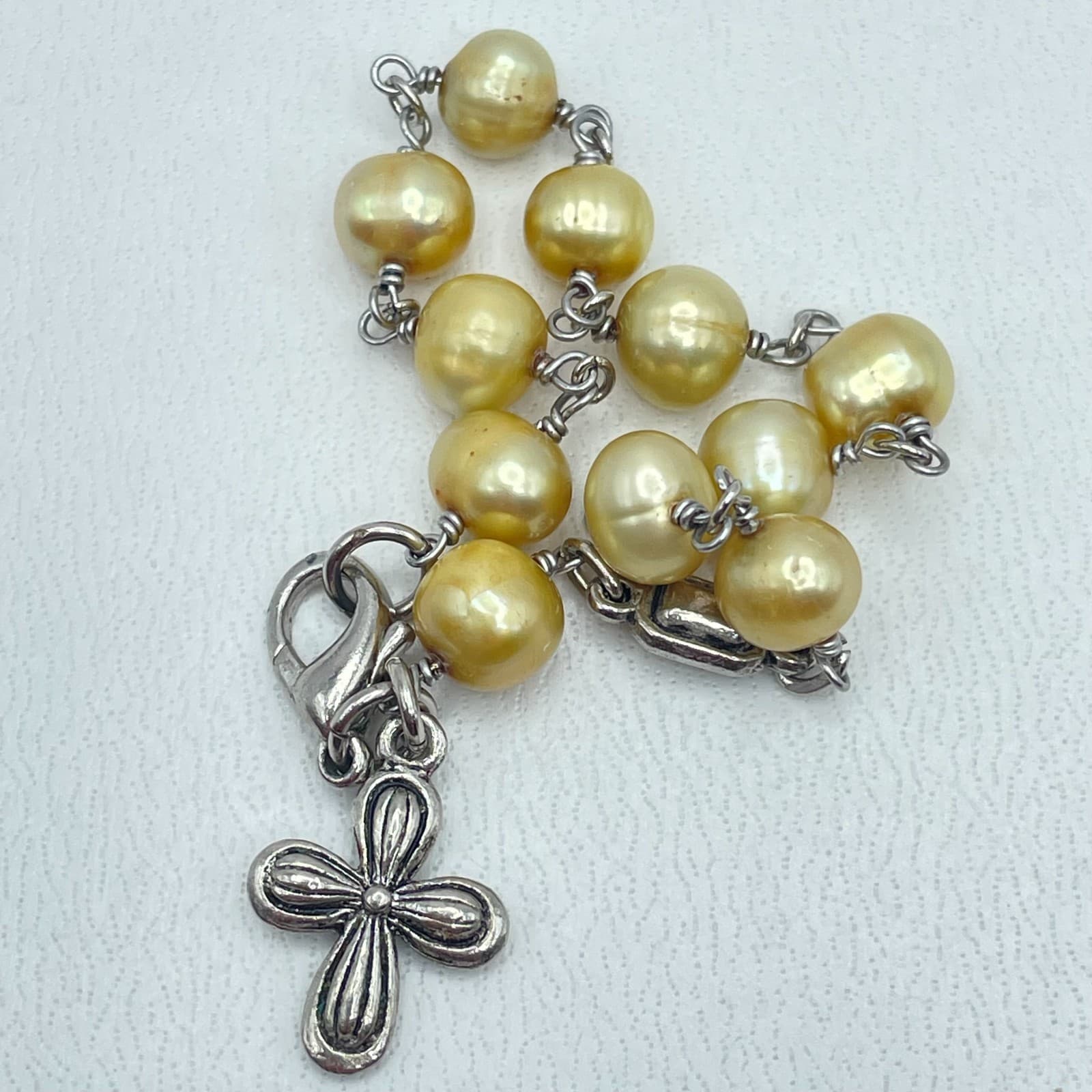 Religious Silver-Tone Gold Freshwater Pearl Rosary Cross Charm Lobster Bracelet - Thumbnail 4