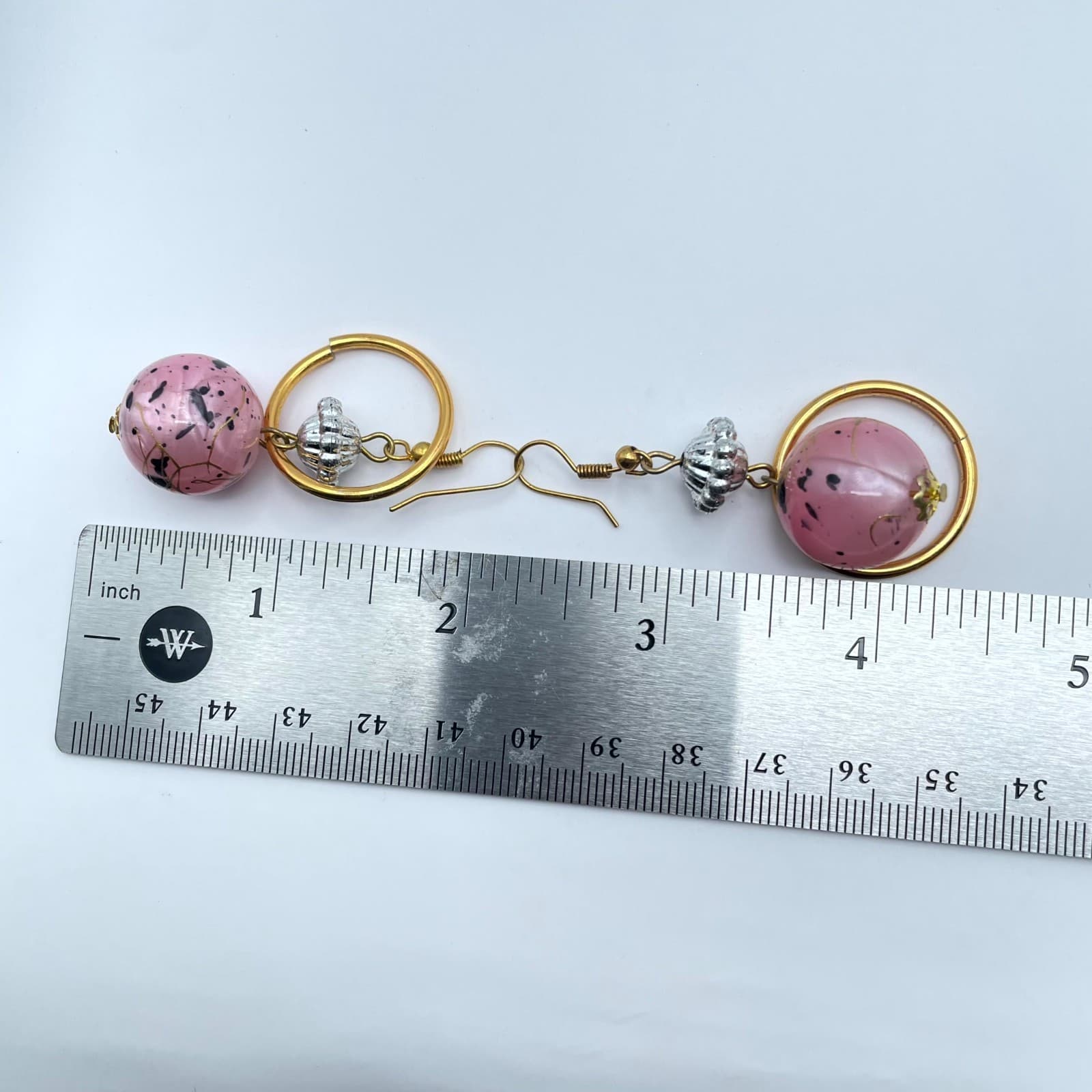 Vintage Gold-Tone Pink Mottled Art Speckled Glass Bead Drop Dangle Hook Earrings - Thumbnail 2