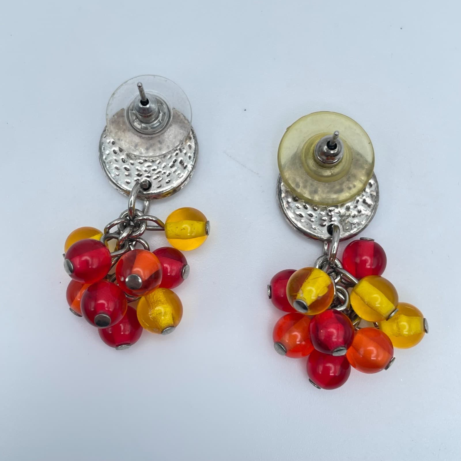 Vintage Silver-Tone Red Yellow Cluster Grapes Glass Beads Stud Dangle Earrings - Thumbnail 3