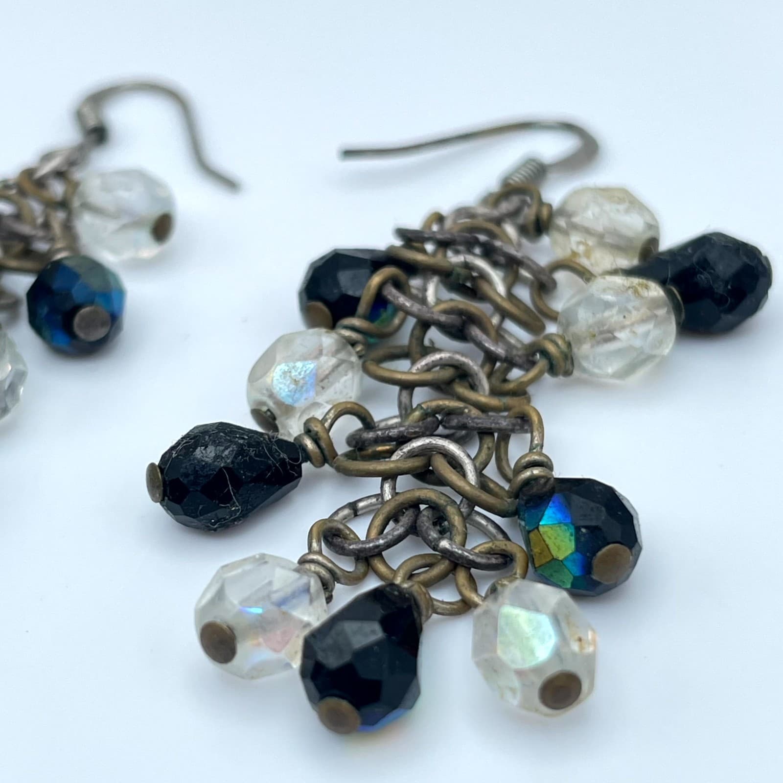 Gothic Bronze-Tone Clear Faceted Crystal Beads Artisan Dangle Chain Earrings - Thumbnail 4