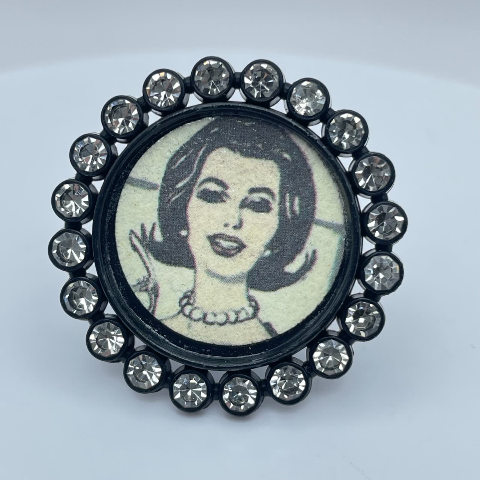 Vintage Black Pop Art Faceted Glass Edge Hardware Victorian kitsch Halo Ring - Image 1
