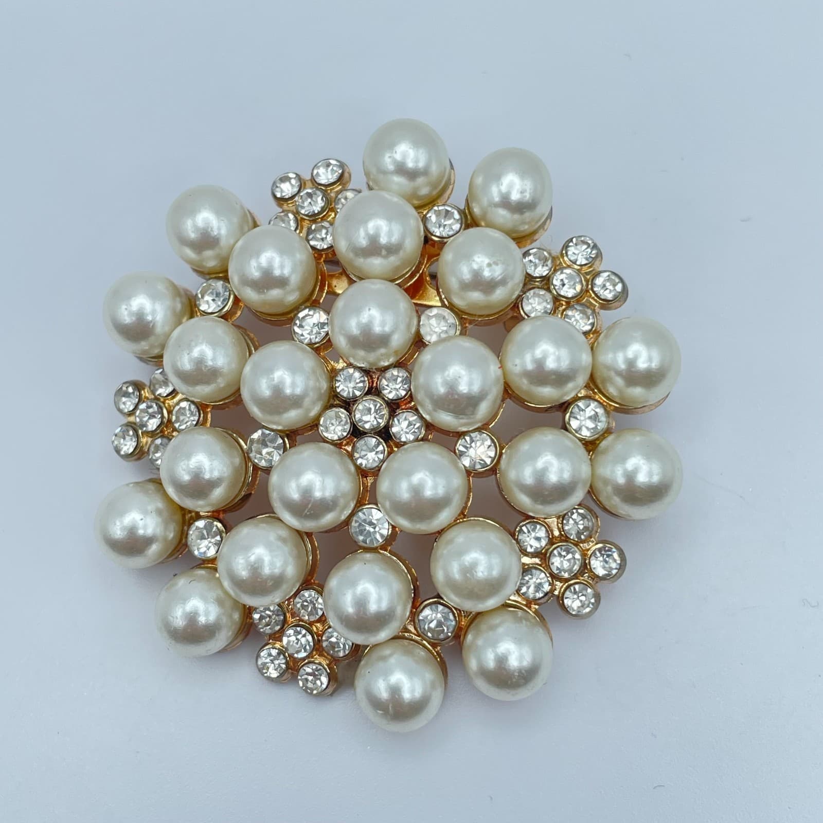 Gold-Tone Cluster Mother of Pearls Rhinestone Embellished Flower-Shaped Brooch - Image 1