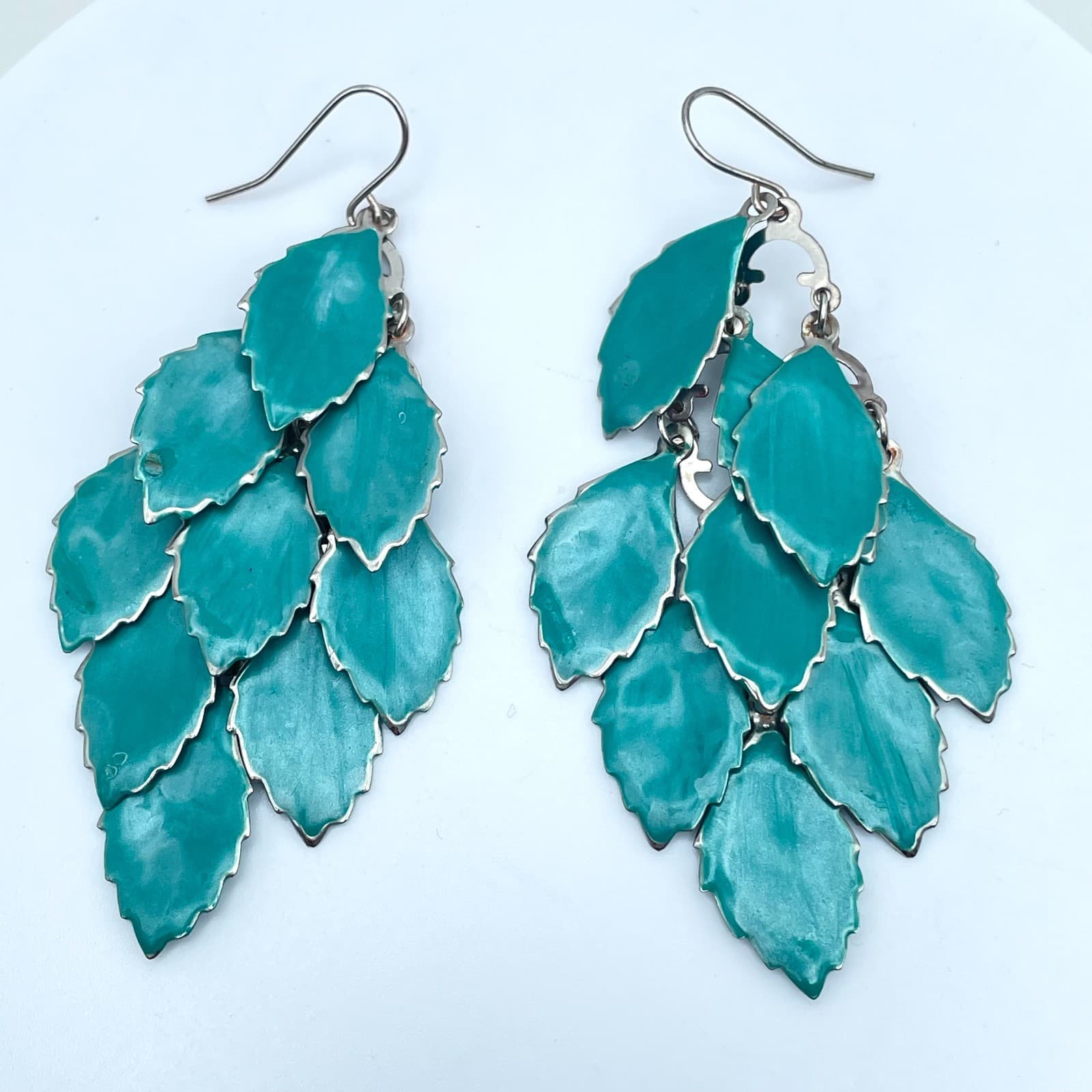 Boho Silver-Tone Turquoise-Colored Metal Multi Leaf Dangle French Hook Earrings - Image 1