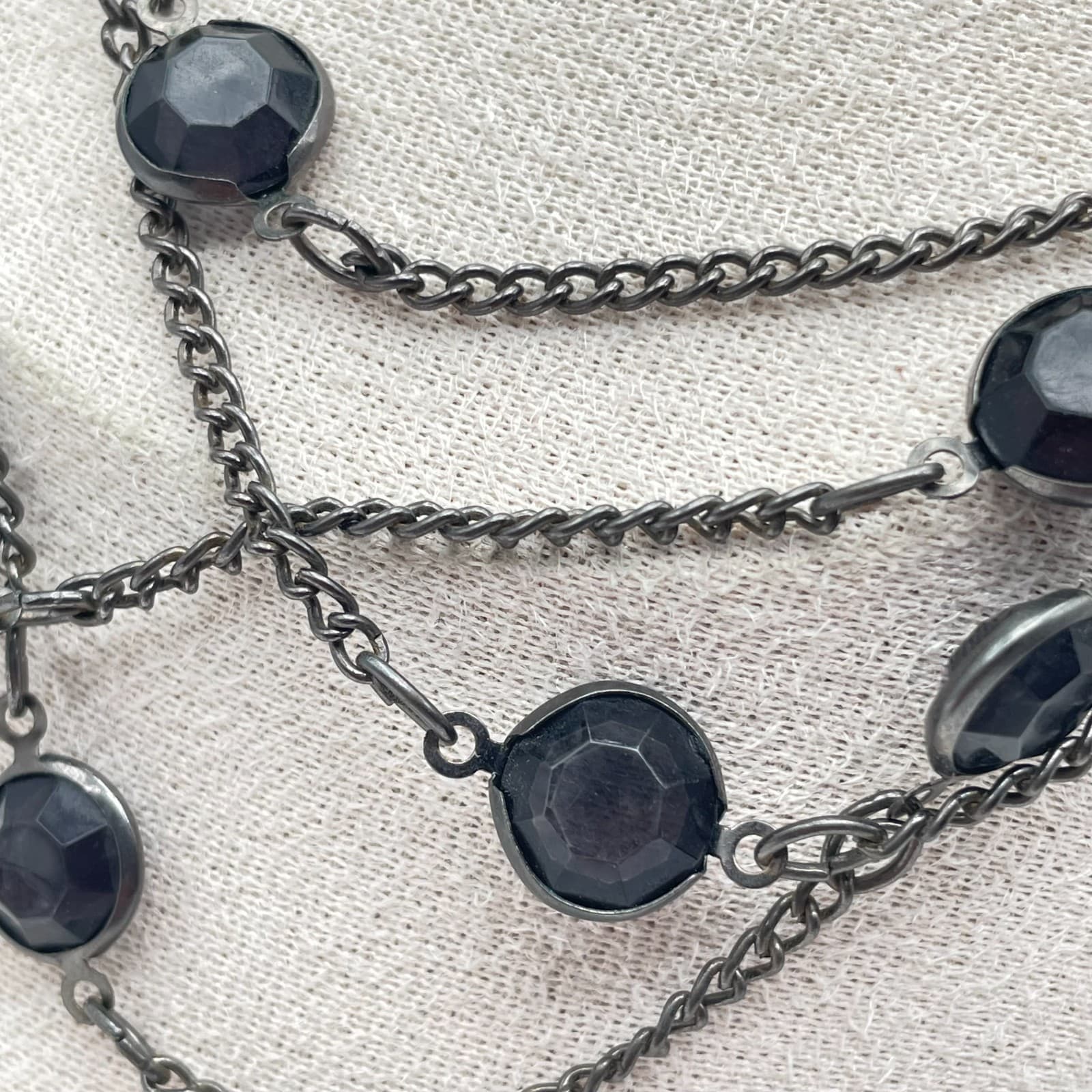 Classic Silver-Tone Black Bezel Faceted Glass Beads Triple Strand Chain Necklace - Thumbnail 4