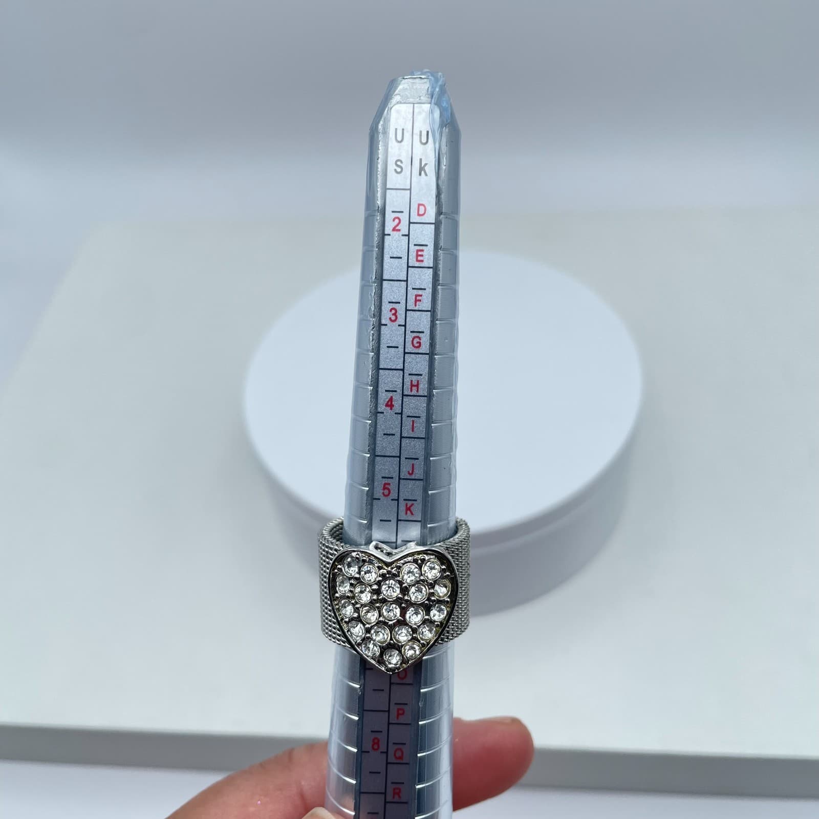 Silver-Tone Mesh Style Pave Rhinestone Heart-Shaped Top Class Band Cocktail Ring - Thumbnail 2