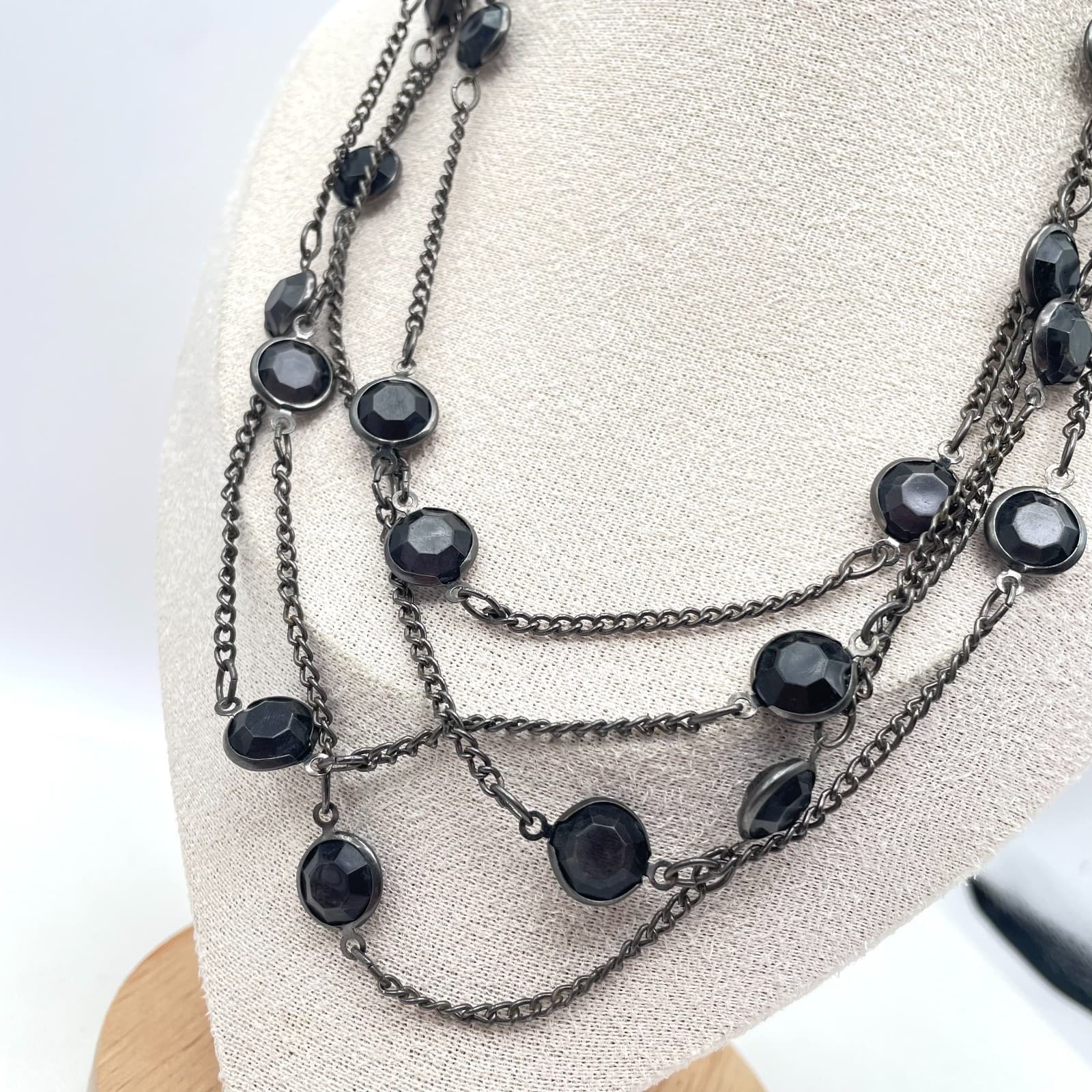 Classic Silver-Tone Black Bezel Faceted Glass Beads Triple Strand Chain Necklace - Thumbnail 3