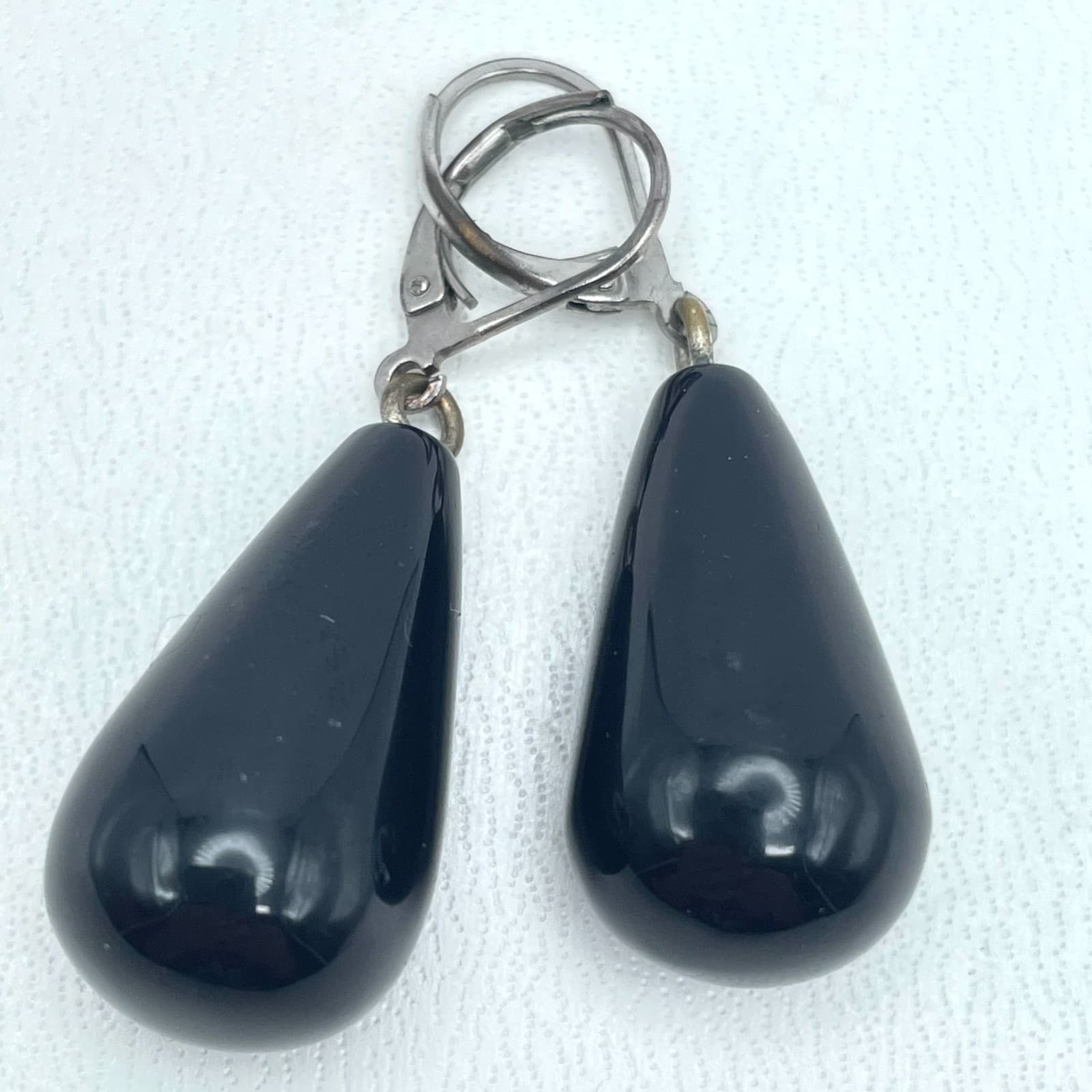 Contemporary Silver-Tone Jet Black Onyx Teardrop Dangle Leverback Earrings - Image 1