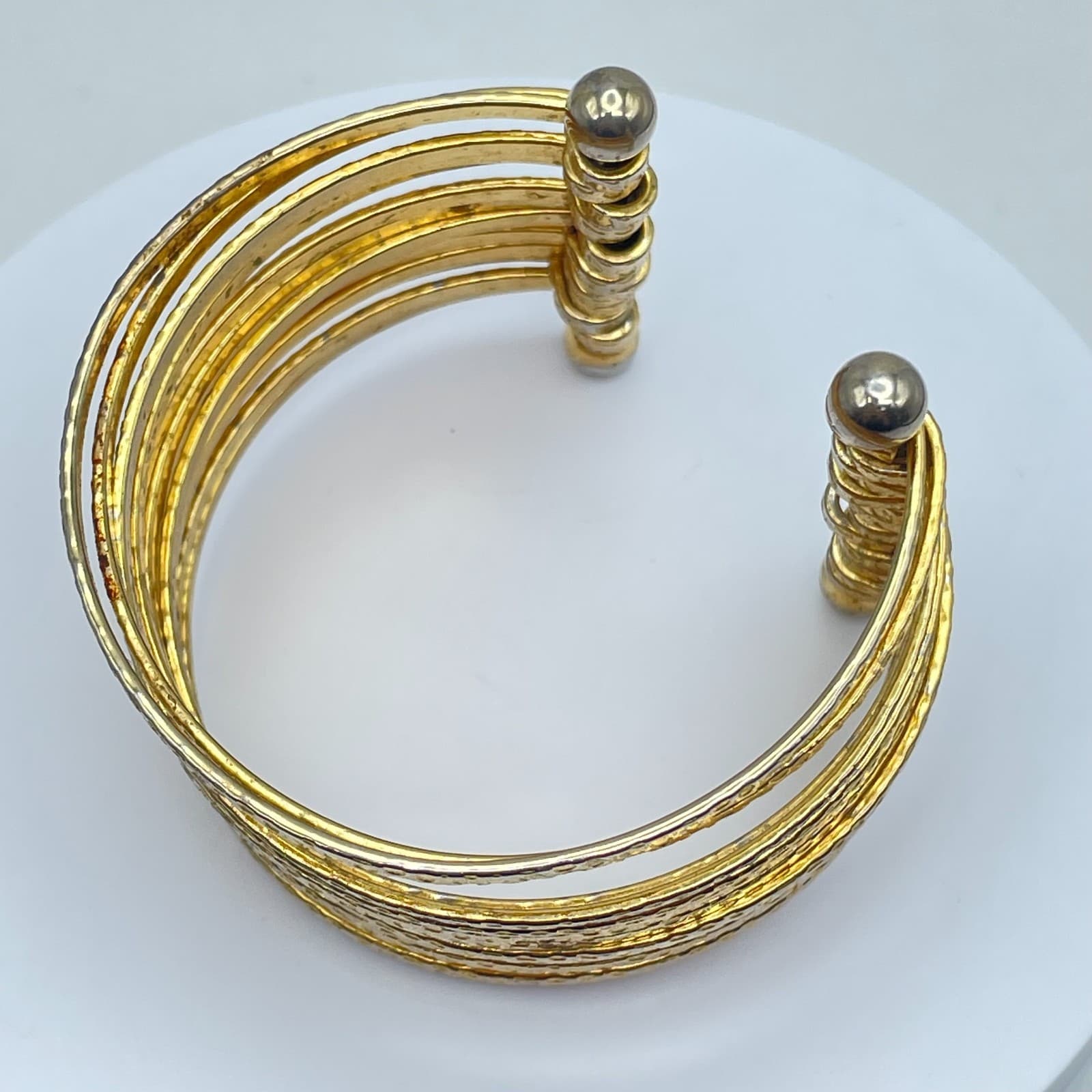 Gladiator-Style Gold Tone Wide Multi-Band Stacked Hammered Open Cuff Bracelet - Thumbnail 6