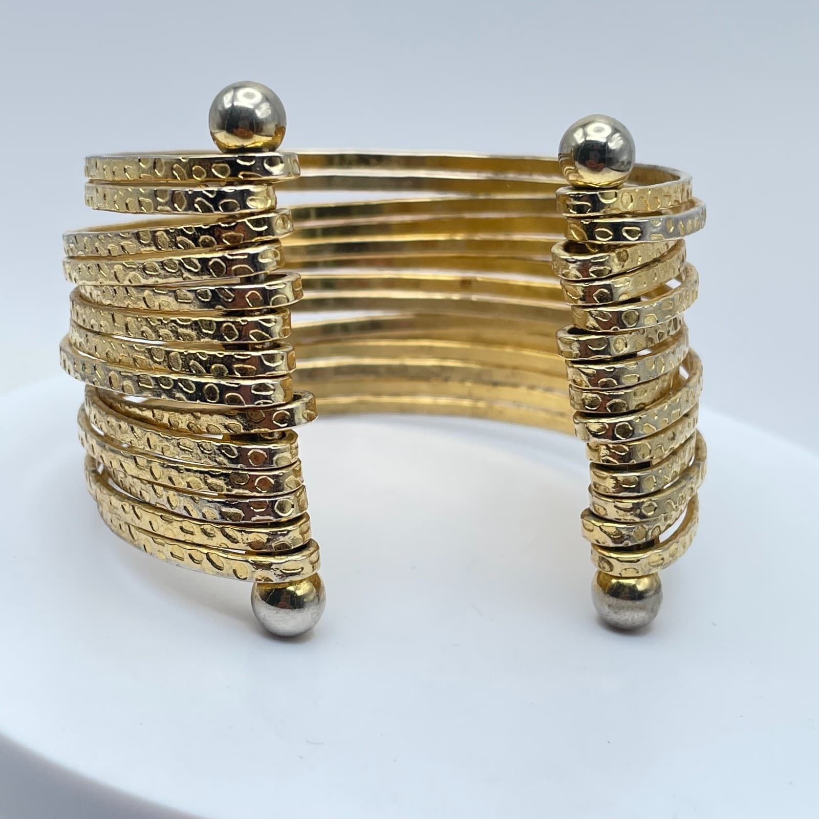 Gladiator-Style Gold Tone Wide Multi-Band Stacked Hammered Open Cuff Bracelet - Thumbnail 7