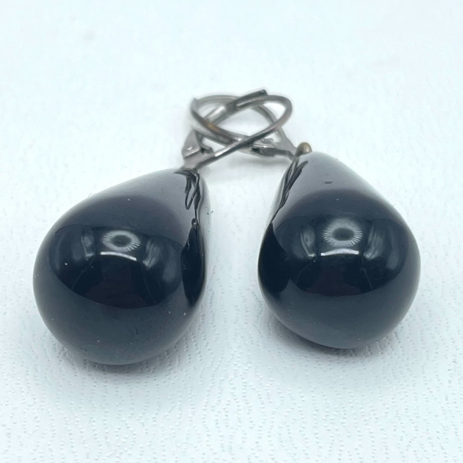 Contemporary Silver-Tone Jet Black Onyx Teardrop Dangle Leverback Earrings - Thumbnail 3