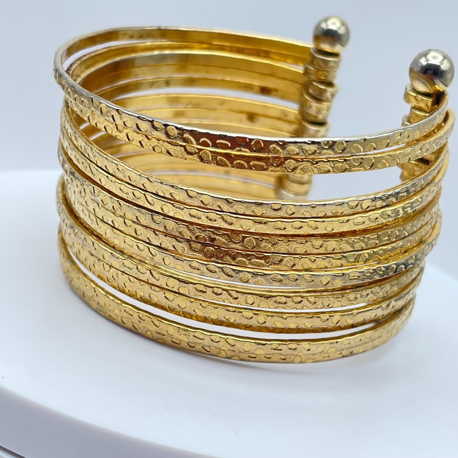 Gladiator-Style Gold Tone Wide Multi-Band Stacked Hammered Open Cuff Bracelet - Thumbnail 5