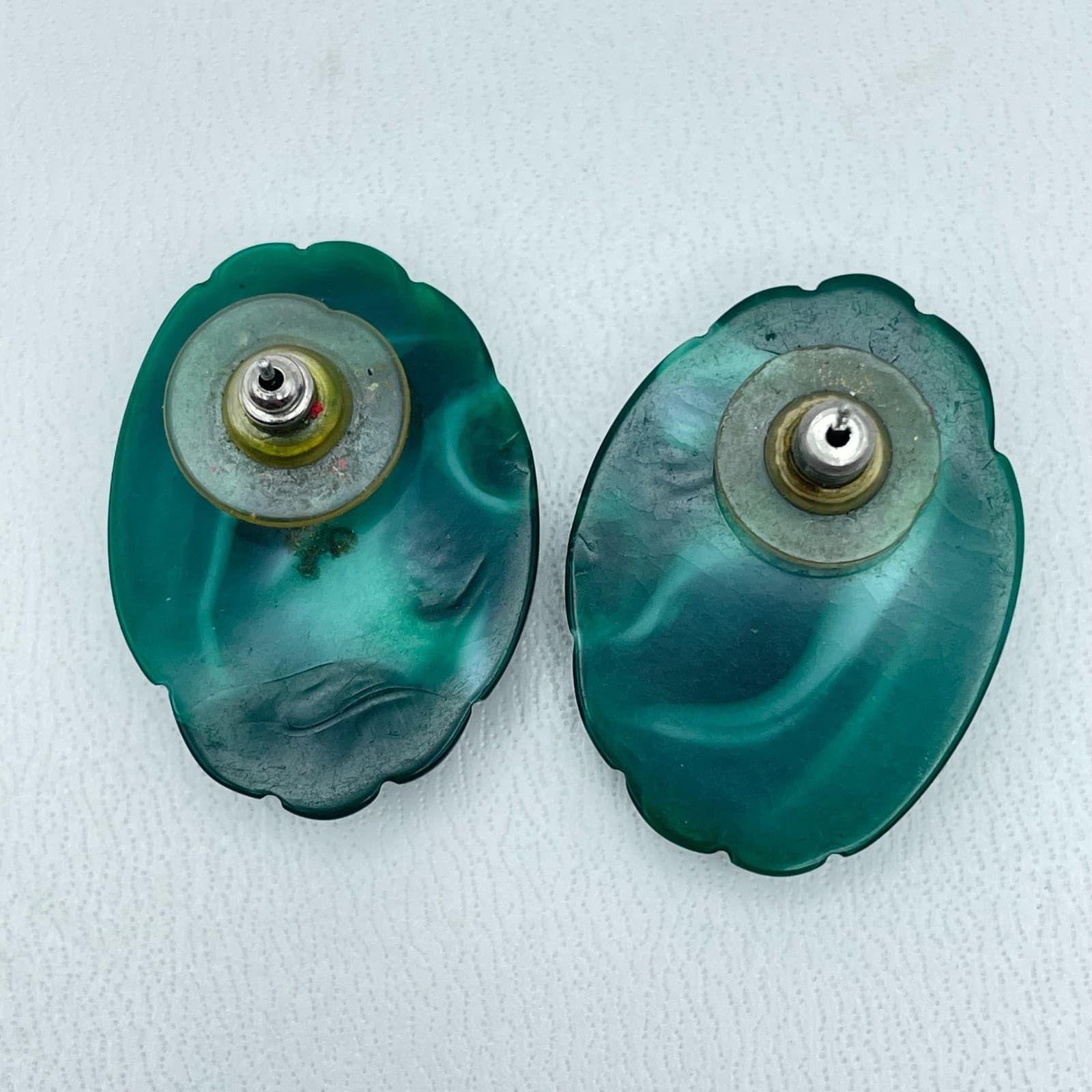 Lot of 3 VTG Silver-Tone Malachite-Style Green Burgundy Button Stud Earrings - Thumbnail 3