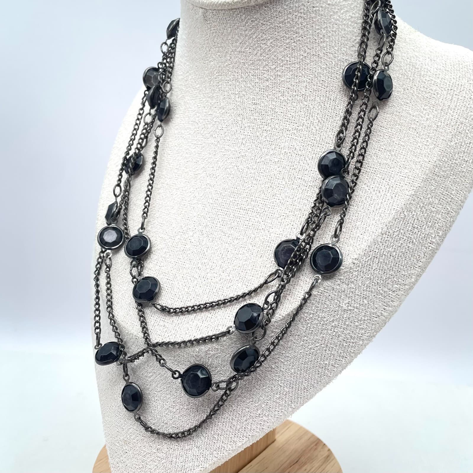Classic Silver-Tone Black Bezel Faceted Glass Beads Triple Strand Chain Necklace - Thumbnail 2