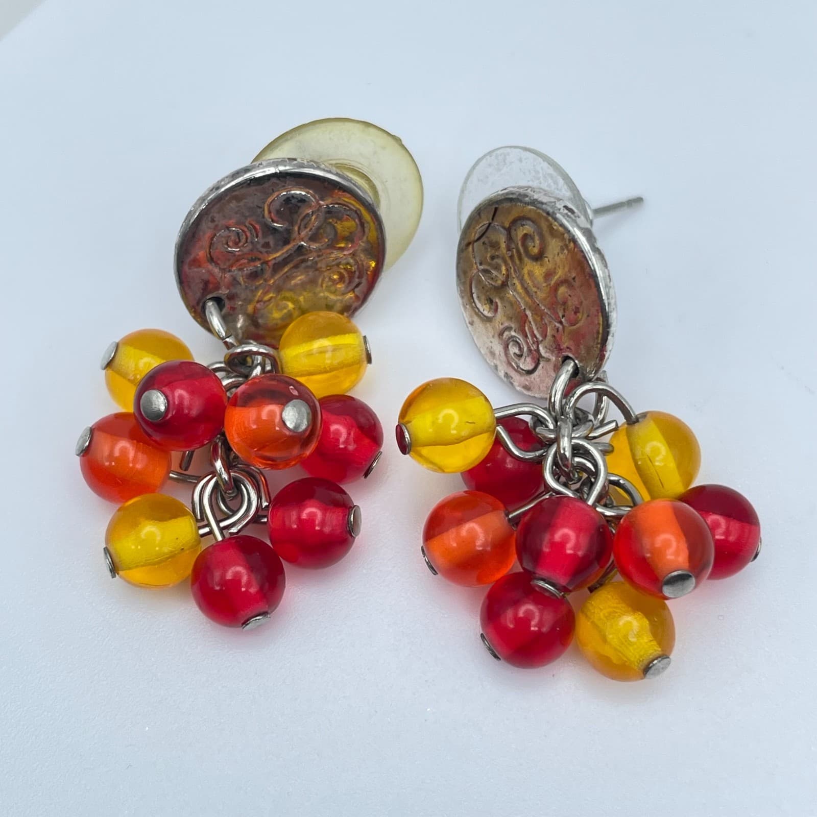 Vintage Silver-Tone Red Yellow Cluster Grapes Glass Beads Stud Dangle Earrings - Image 1