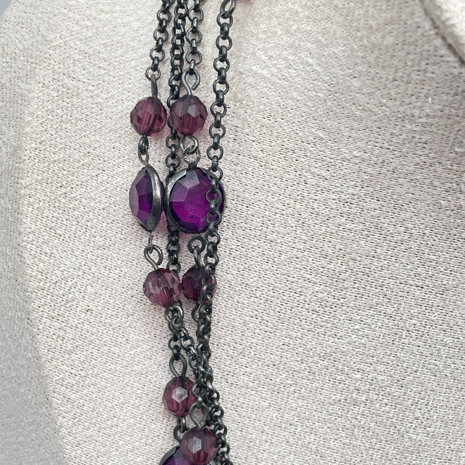 VTG Gunmetal-Tone Rolo Chain Purple Faceted Bezel Glass Beads Station Necklace - Thumbnail 2