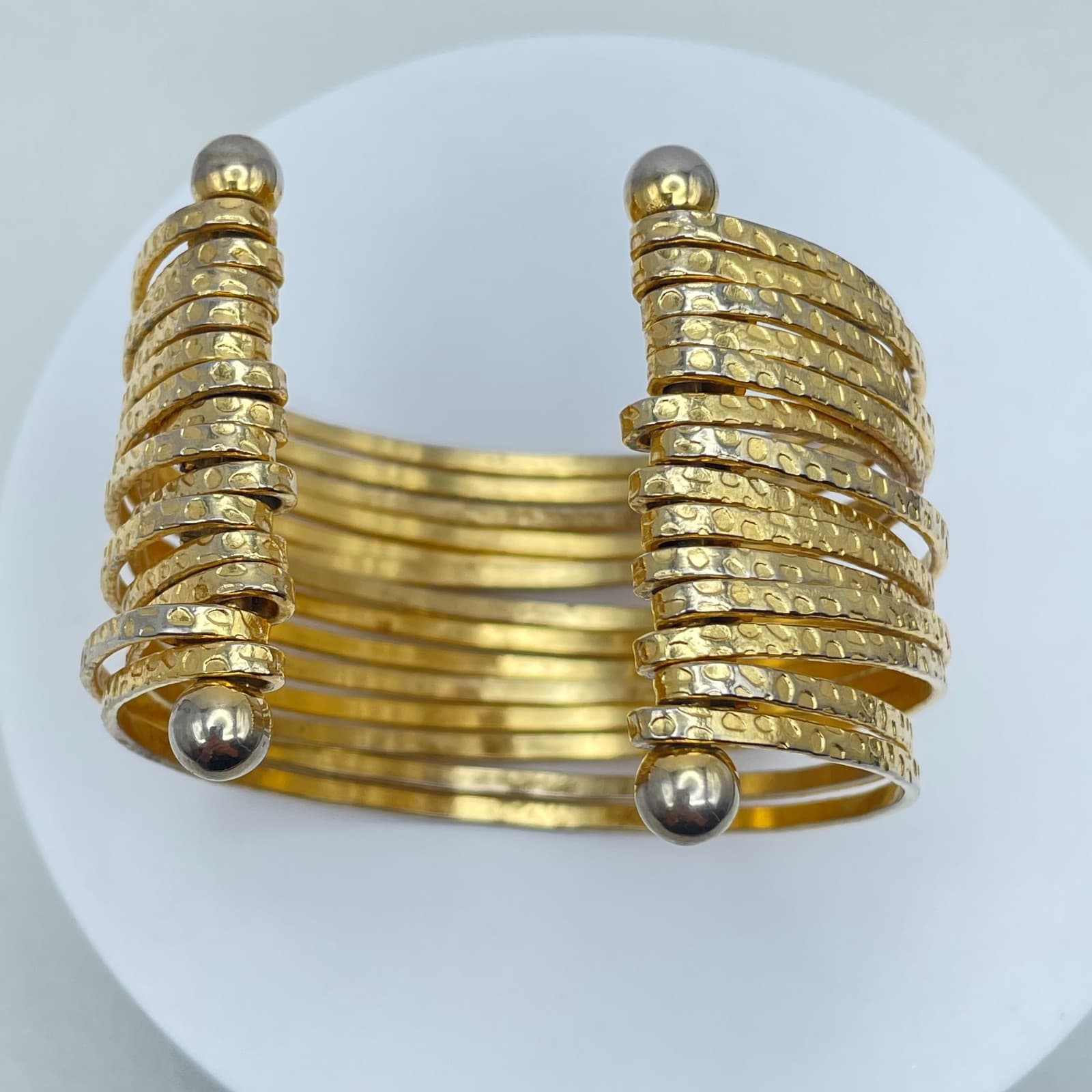 Gladiator-Style Gold Tone Wide Multi-Band Stacked Hammered Open Cuff Bracelet - Thumbnail 2