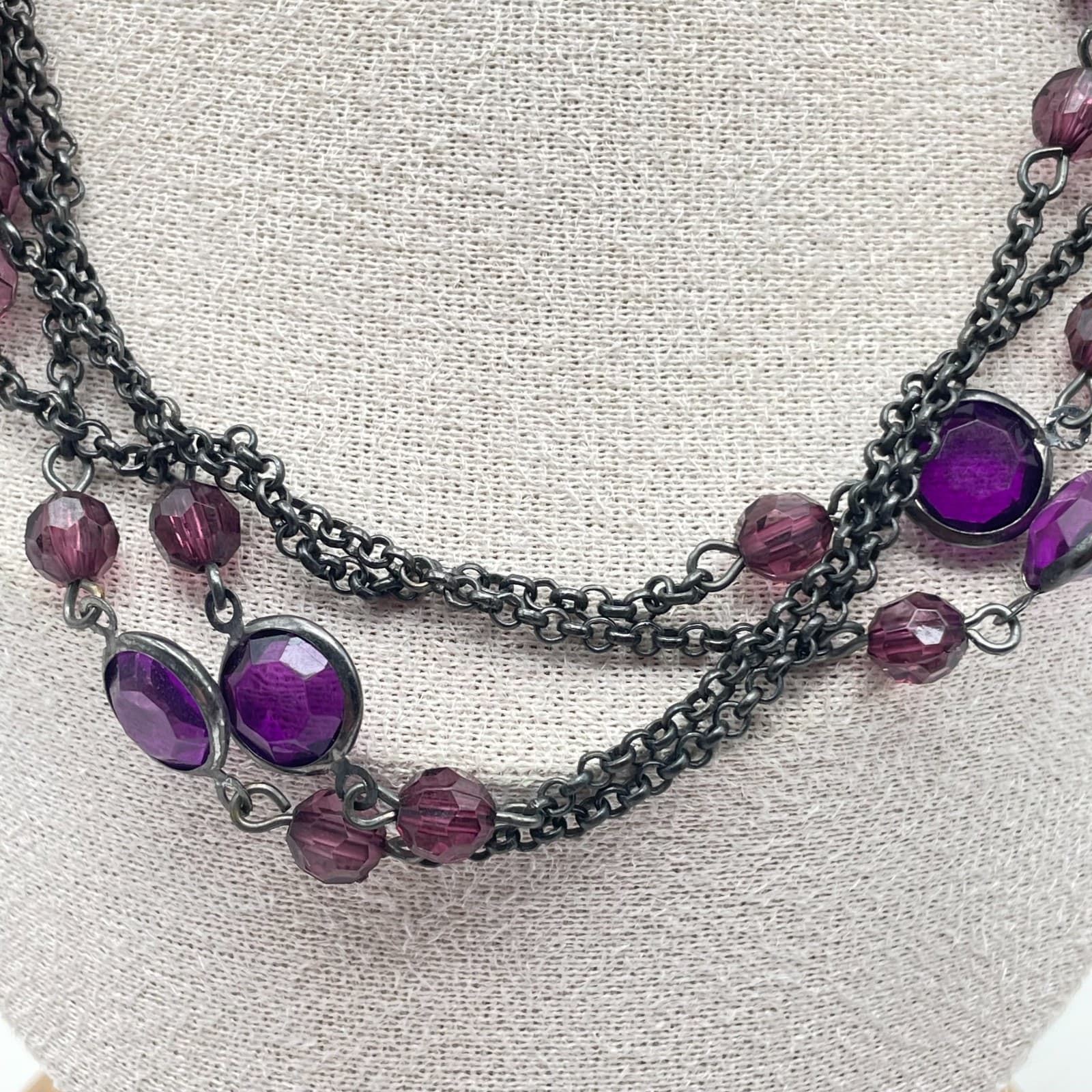 VTG Gunmetal-Tone Rolo Chain Purple Faceted Bezel Glass Beads Station Necklace - Thumbnail 3