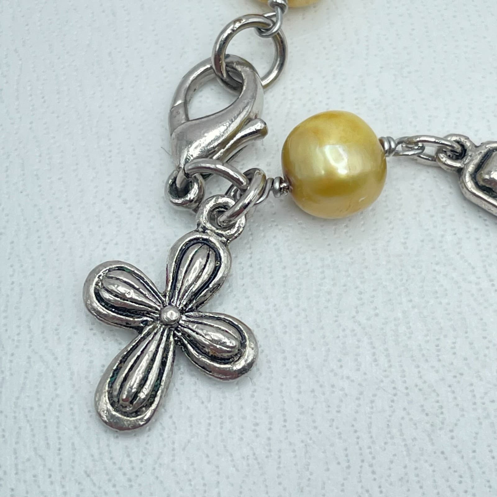 Religious Silver-Tone Gold Freshwater Pearl Rosary Cross Charm Lobster Bracelet - Thumbnail 3