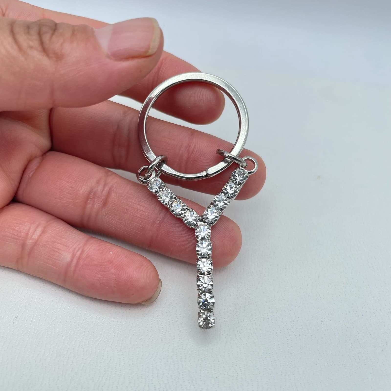 Tennis Style Silver-Tone Classic Rhinestone Embellished Initial "Y" Keychain - Thumbnail 6