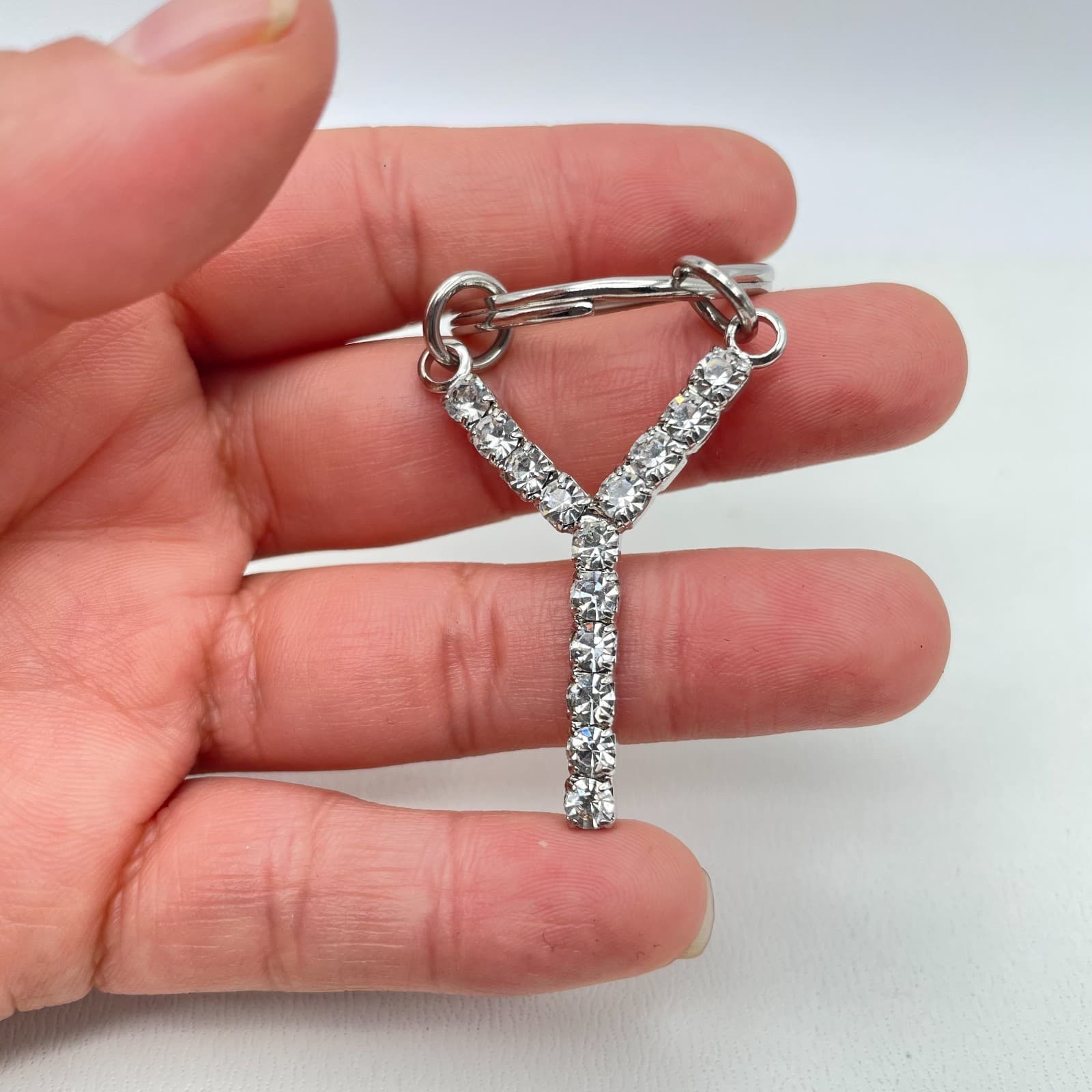 Tennis Style Silver-Tone Classic Rhinestone Embellished Initial "Y" Keychain - Thumbnail 8