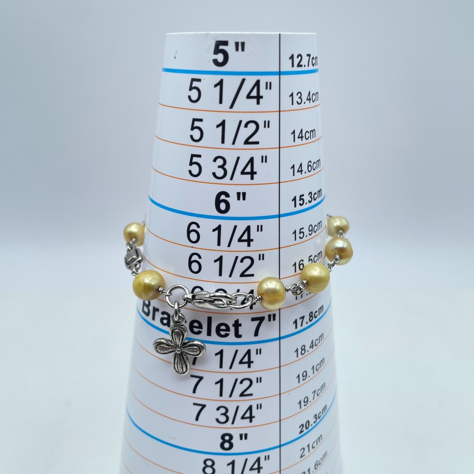 Religious Silver-Tone Gold Freshwater Pearl Rosary Cross Charm Lobster Bracelet - Thumbnail 2