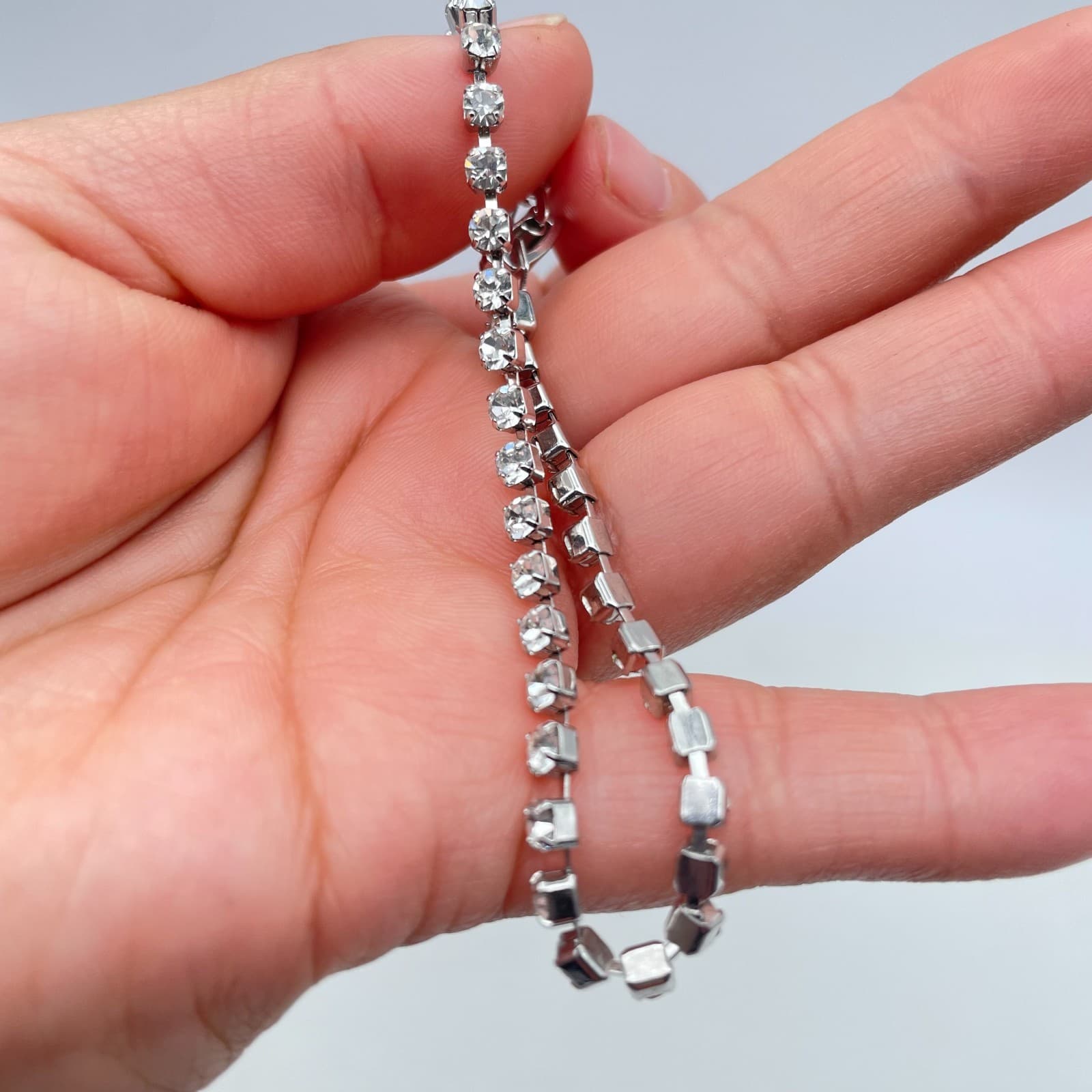 Vintage 1960s Silver-Tone Prong Rhinestone Embellished Tennis Box Clasp Bracelet - Thumbnail 6