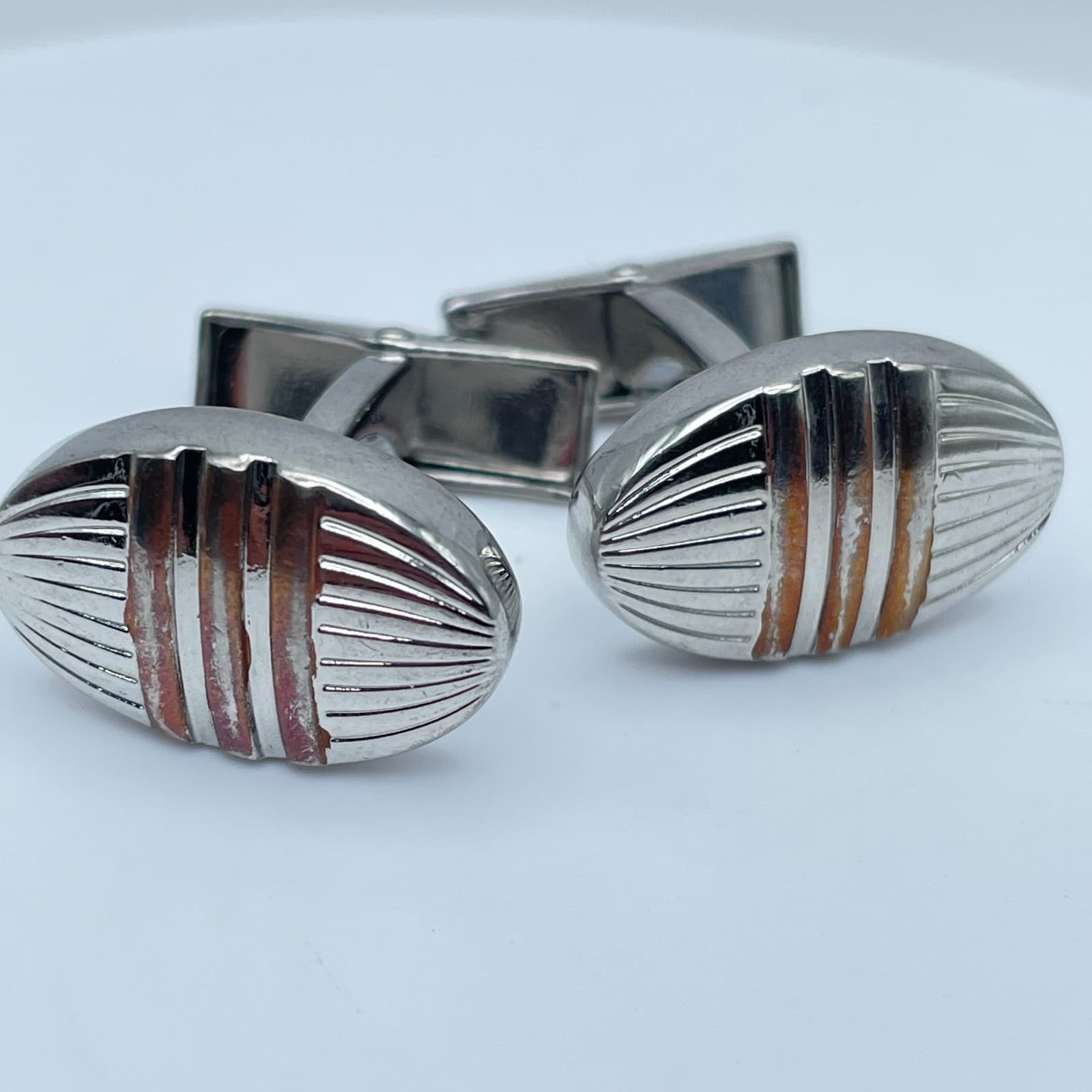 Vintage Ike Behar Silver-Tone Oval Ridged Engraved Metal Toggle Back Cufflinks - Image 1