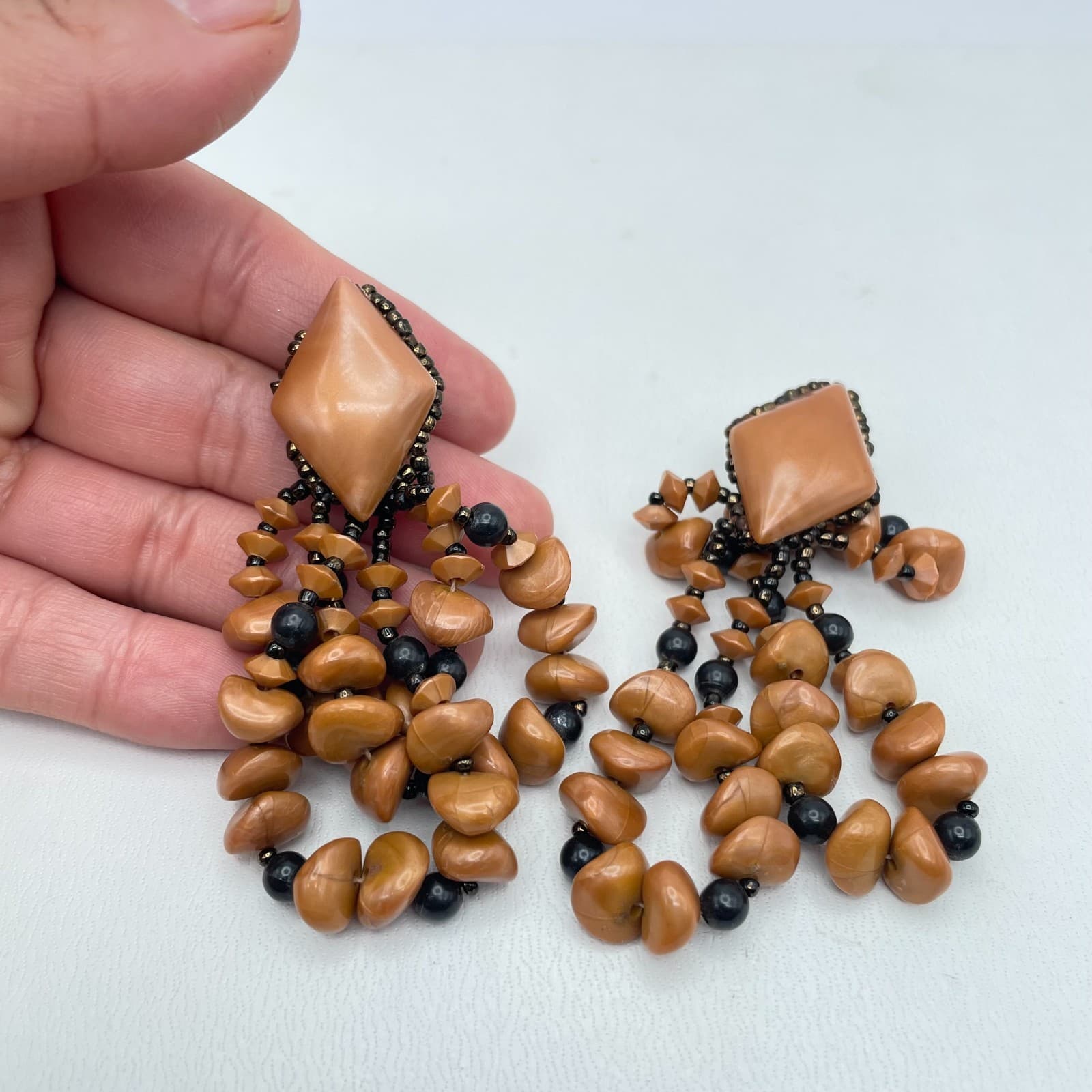 Vintage Caramel Handcrafted Bohemian Chic Beaded Top Cabochon Dangle Earrings - Thumbnail 6