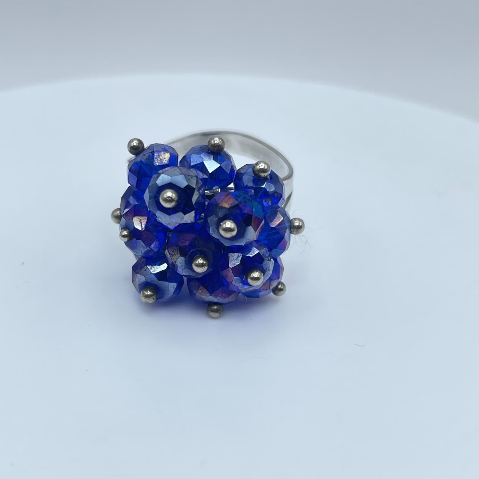 Vintage Silver-Tone Blue Faceted Cluster Beads Adjustable Metal Cocktail Ring - Thumbnail 2