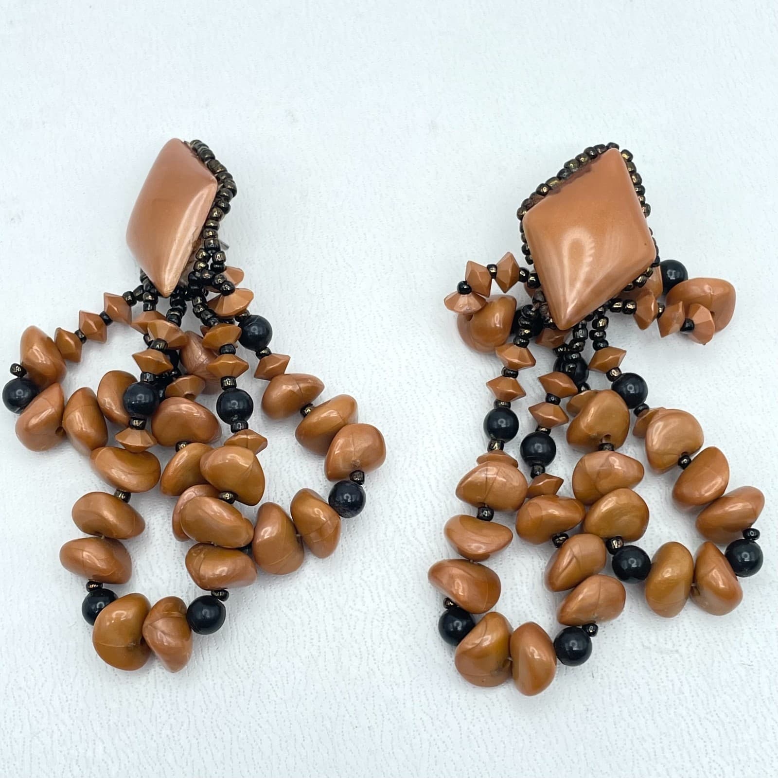 Vintage Caramel Handcrafted Bohemian Chic Beaded Top Cabochon Dangle Earrings - Image 1