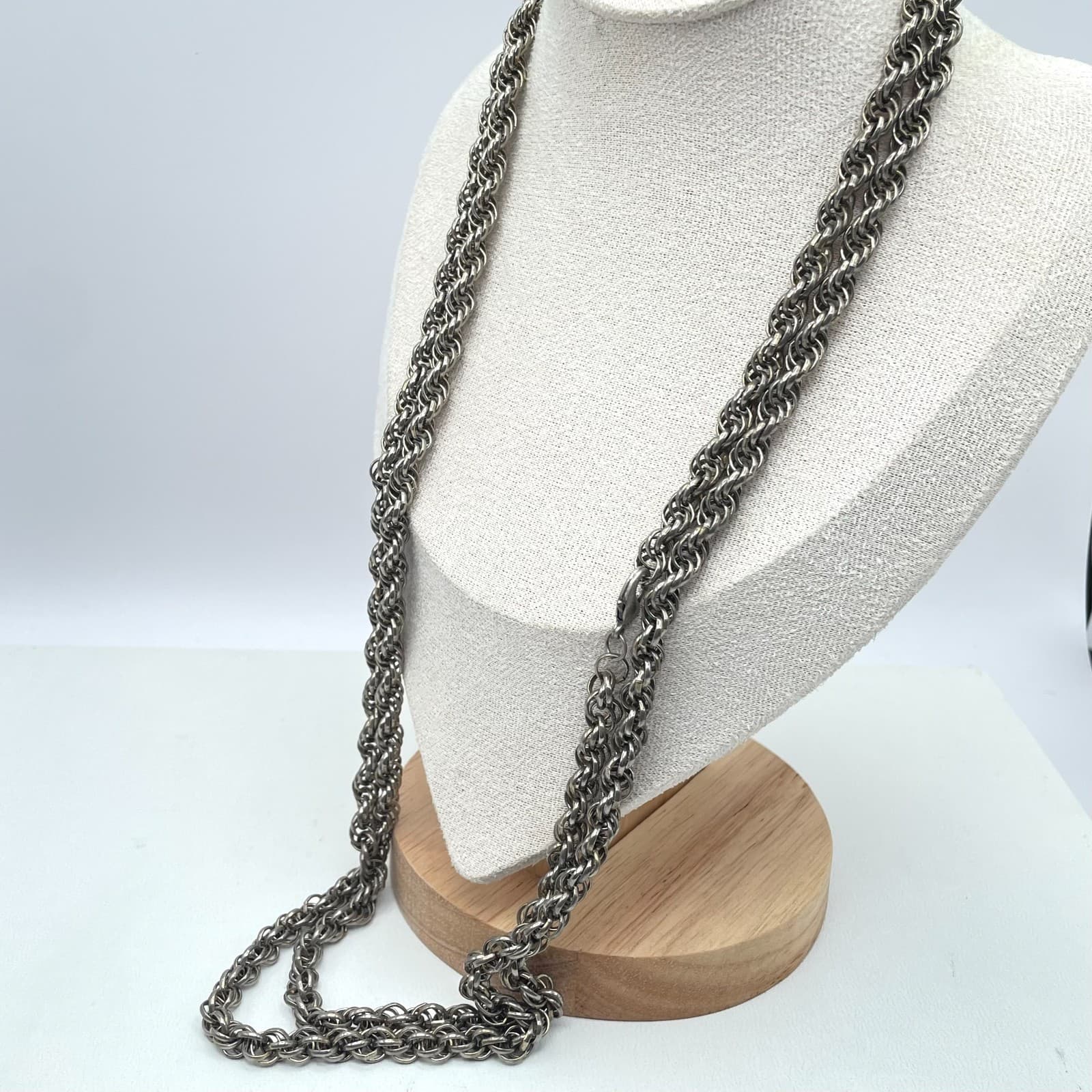 Vintage 80 Silver-Tone Classic Double Strand Twisted Rope Chain Lobster Necklace - Thumbnail 4