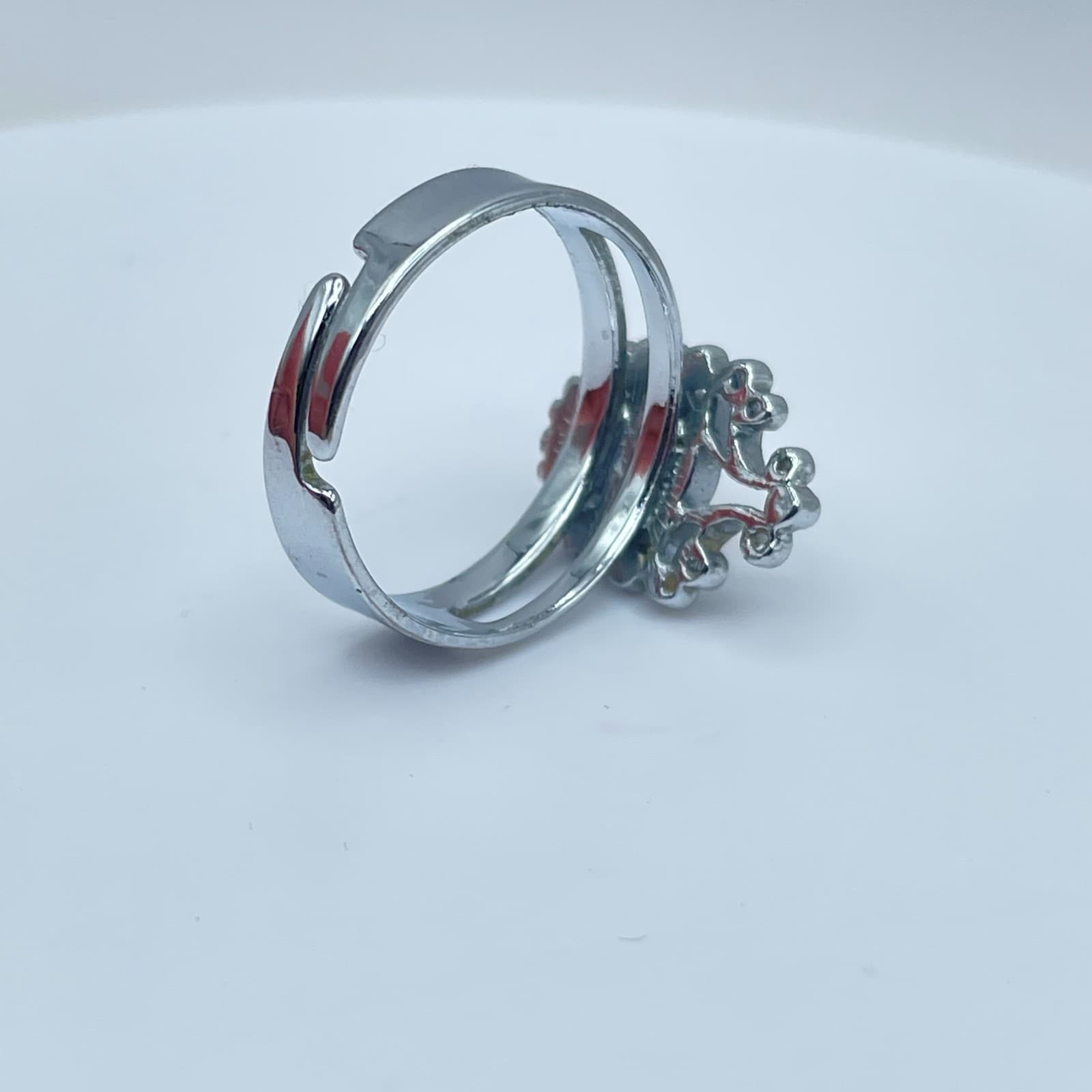 Vintage Silver-Tone Amber-Color Bead Ornate Filigree Split-Shank Band Ring - Thumbnail 6