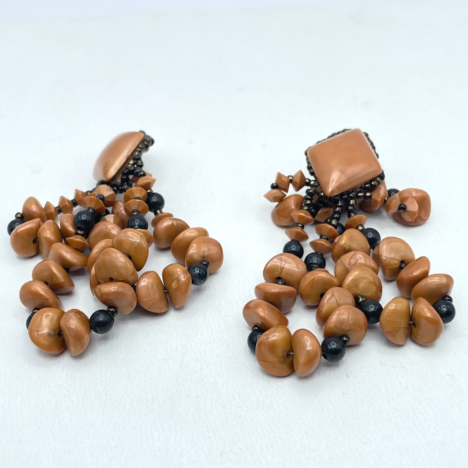 Vintage Caramel Handcrafted Bohemian Chic Beaded Top Cabochon Dangle Earrings - Thumbnail 4