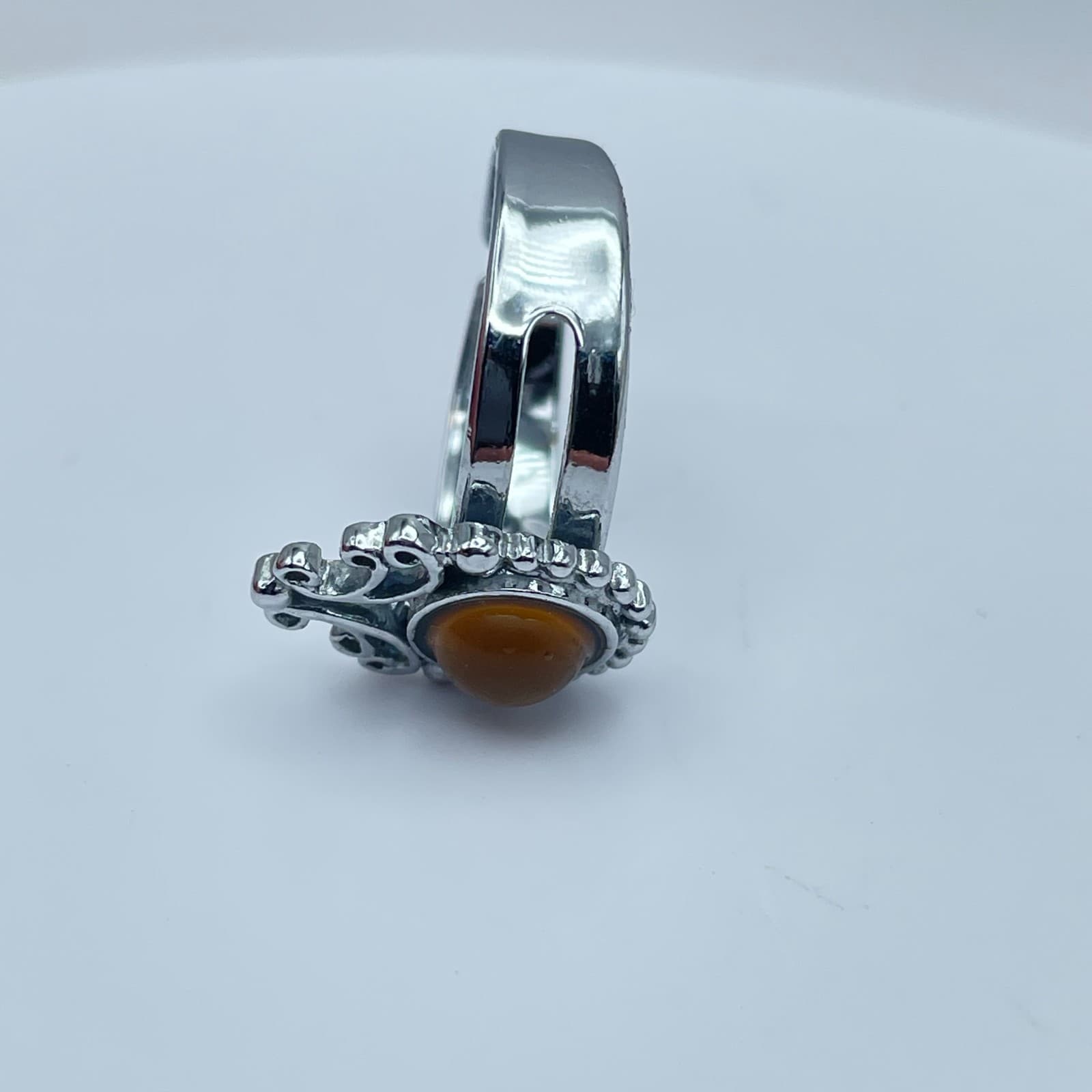Vintage Silver-Tone Amber-Color Bead Ornate Filigree Split-Shank Band Ring - Thumbnail 7