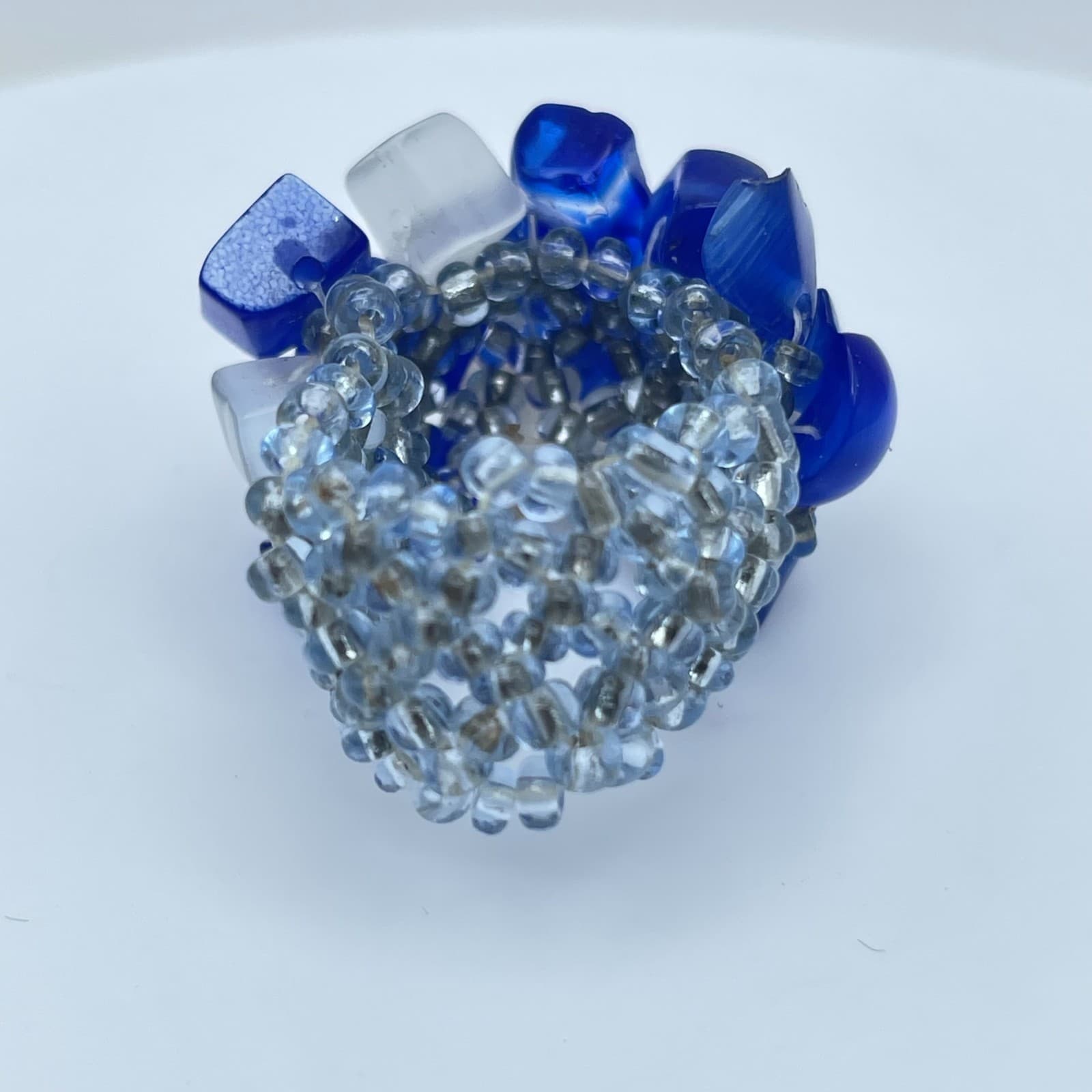 Artisan Blue Fashion Right-Angle Weave Cat's Eye Cluster Beaded Stretch Ring - Thumbnail 5
