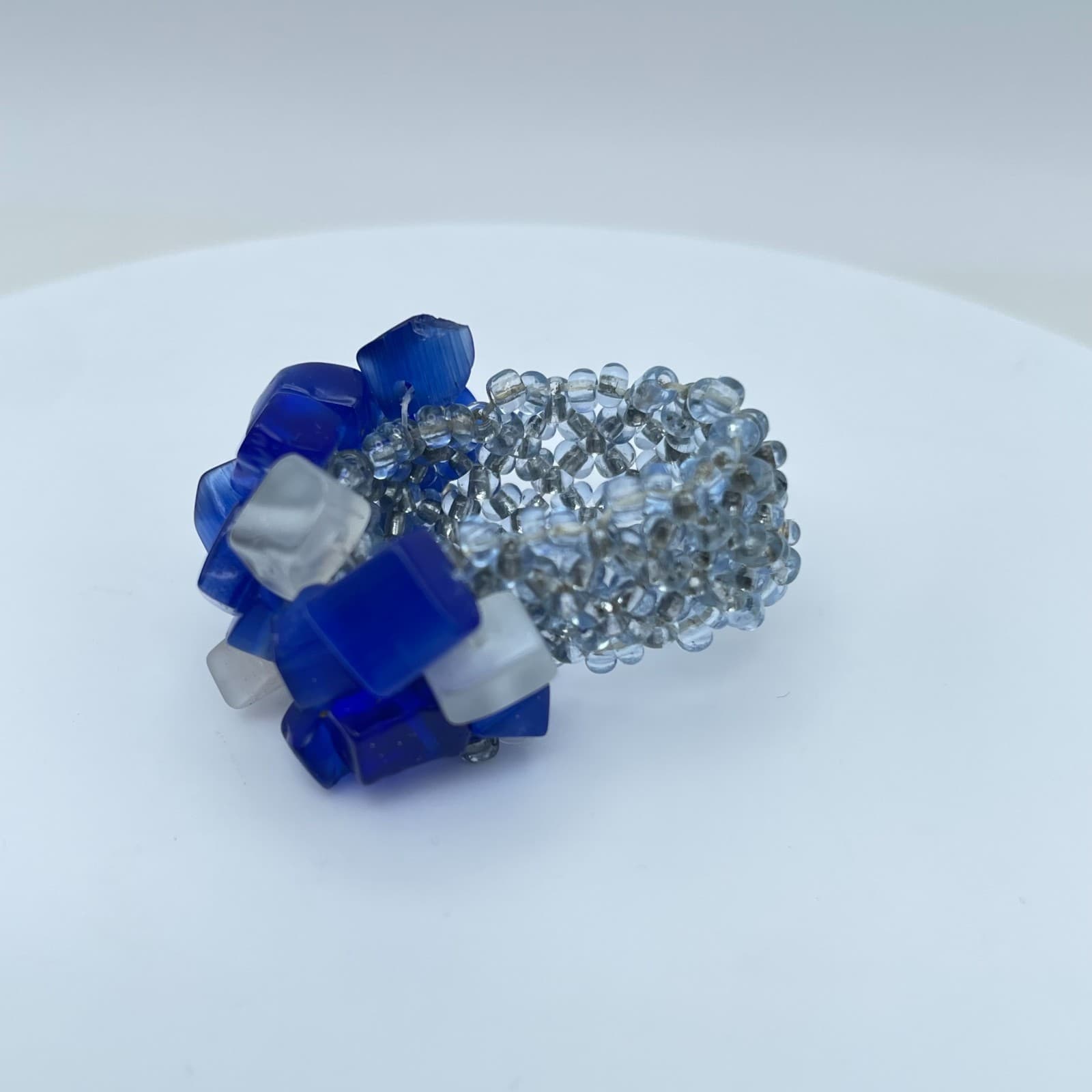 Artisan Blue Fashion Right-Angle Weave Cat's Eye Cluster Beaded Stretch Ring - Thumbnail 4