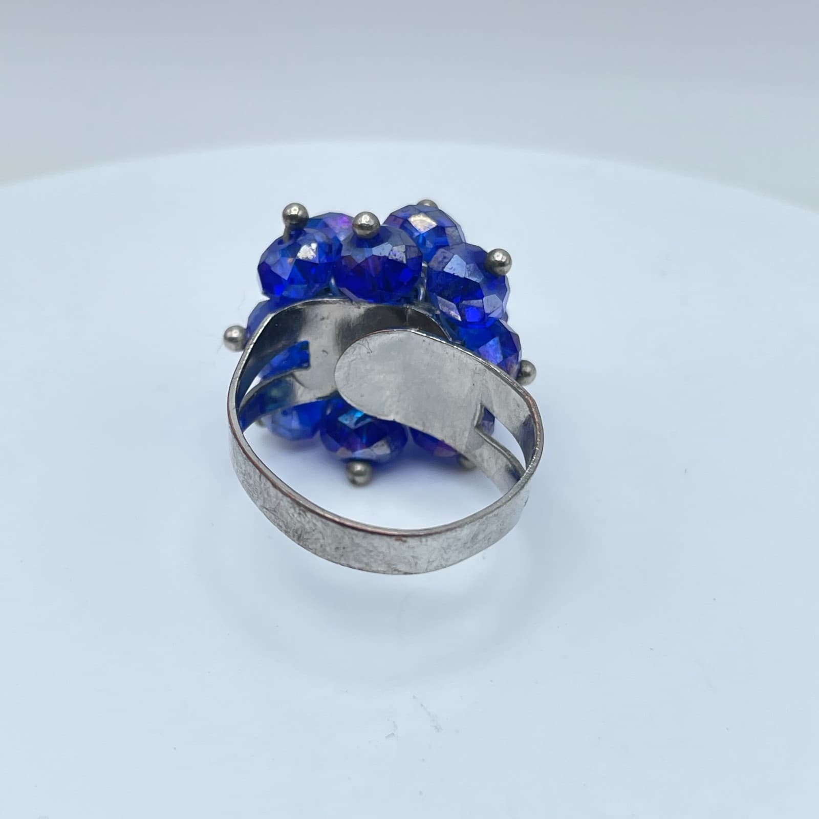 Vintage Silver-Tone Blue Faceted Cluster Beads Adjustable Metal Cocktail Ring - Thumbnail 6