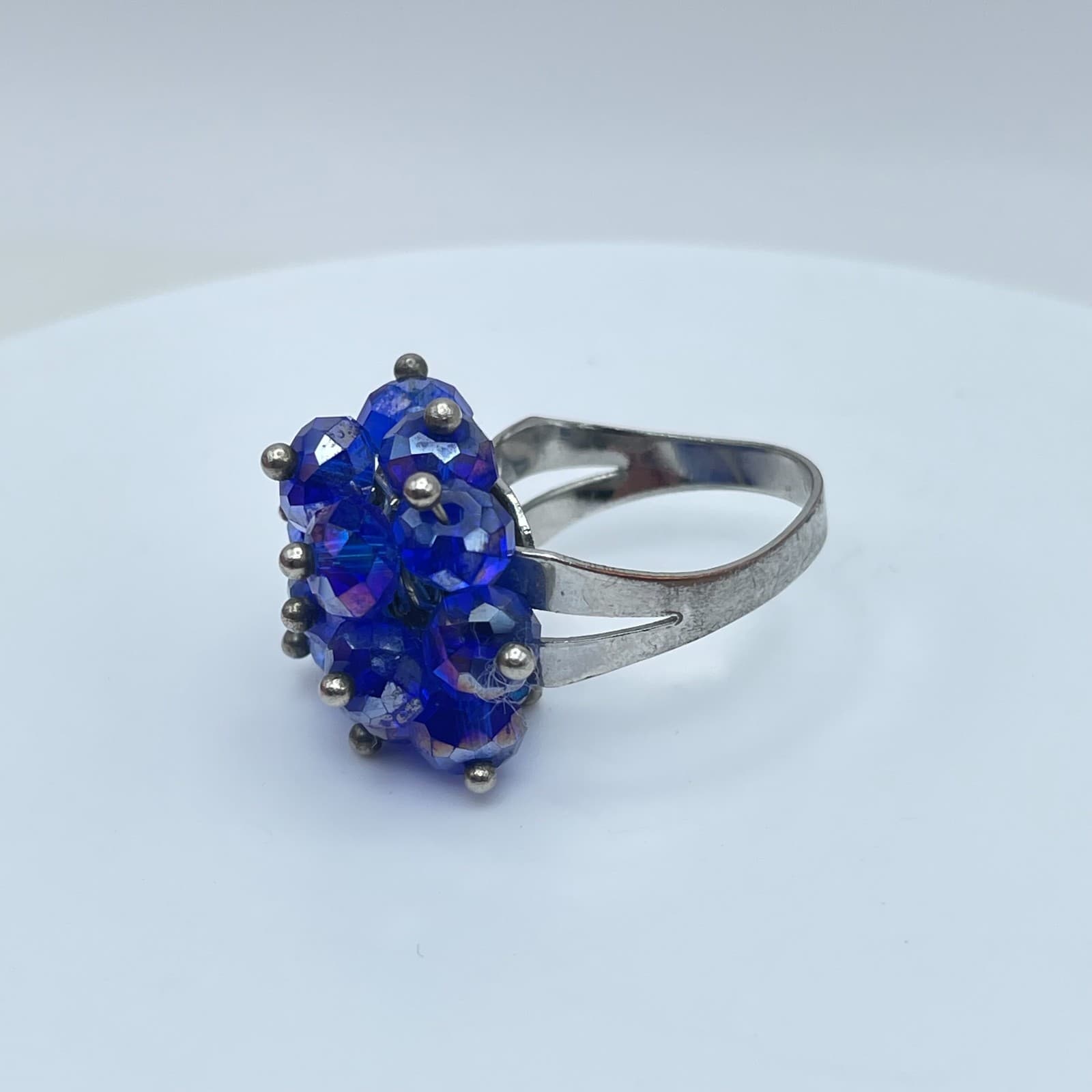Vintage Silver-Tone Blue Faceted Cluster Beads Adjustable Metal Cocktail Ring - Thumbnail 5