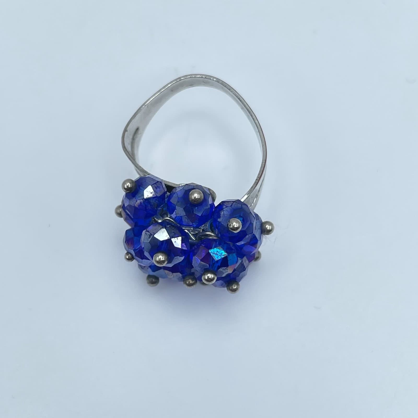 Vintage Silver-Tone Blue Faceted Cluster Beads Adjustable Metal Cocktail Ring - Thumbnail 4